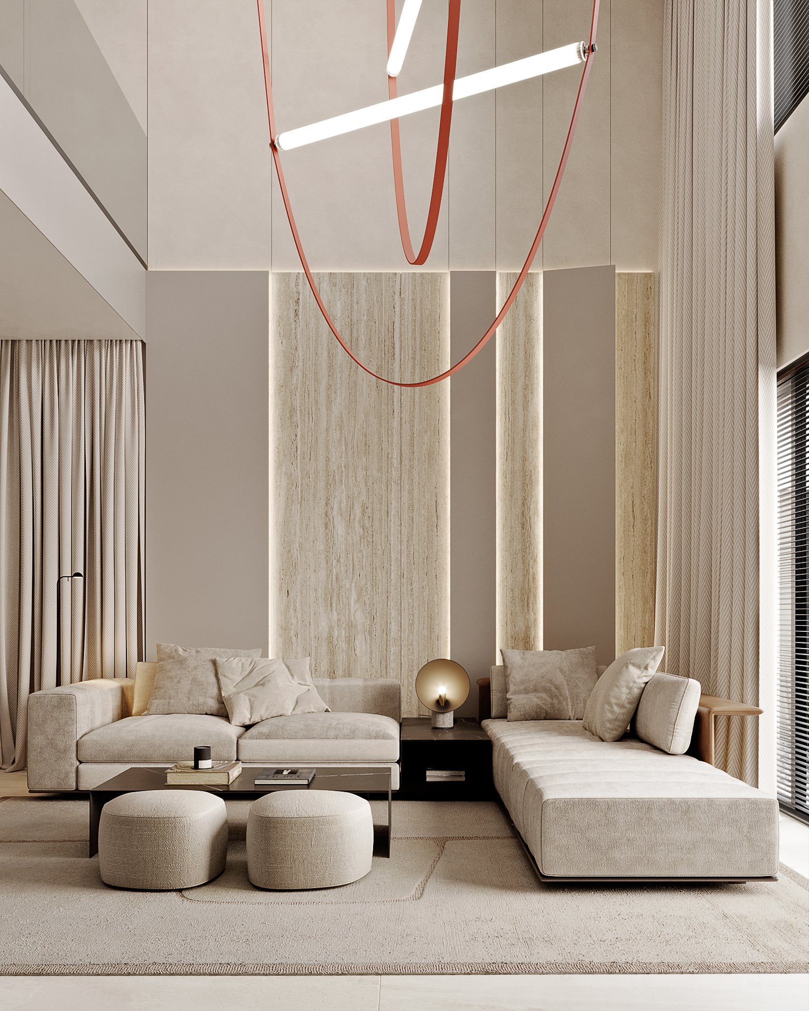 Full view of modern living room with double-height ceiling, modular seating, sculptural lighting, and floor-to-ceiling windows.