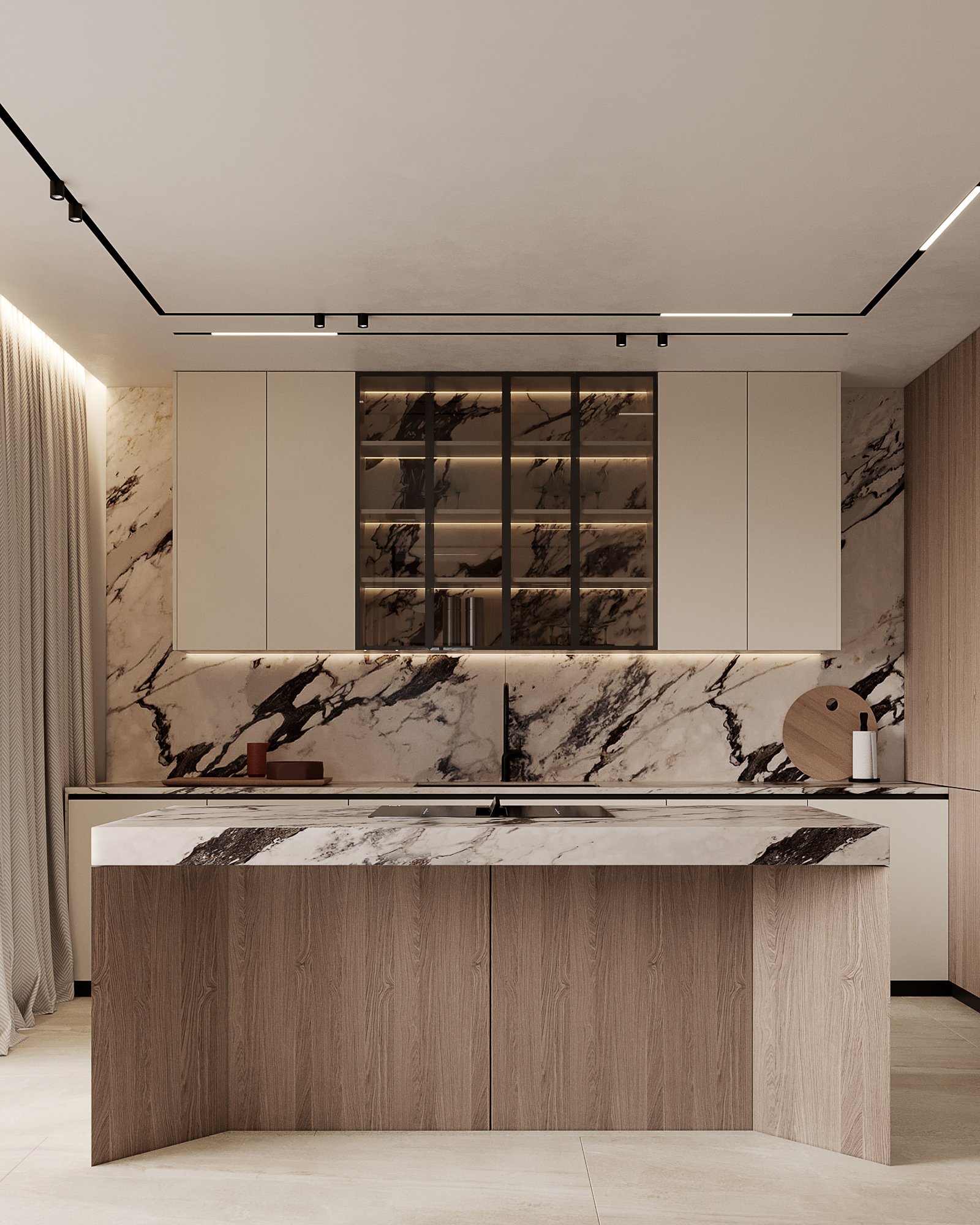 Full view of modern kitchen with marble countertops, wooden base cabinets, and glass-fronted upper storage with LED lighting.