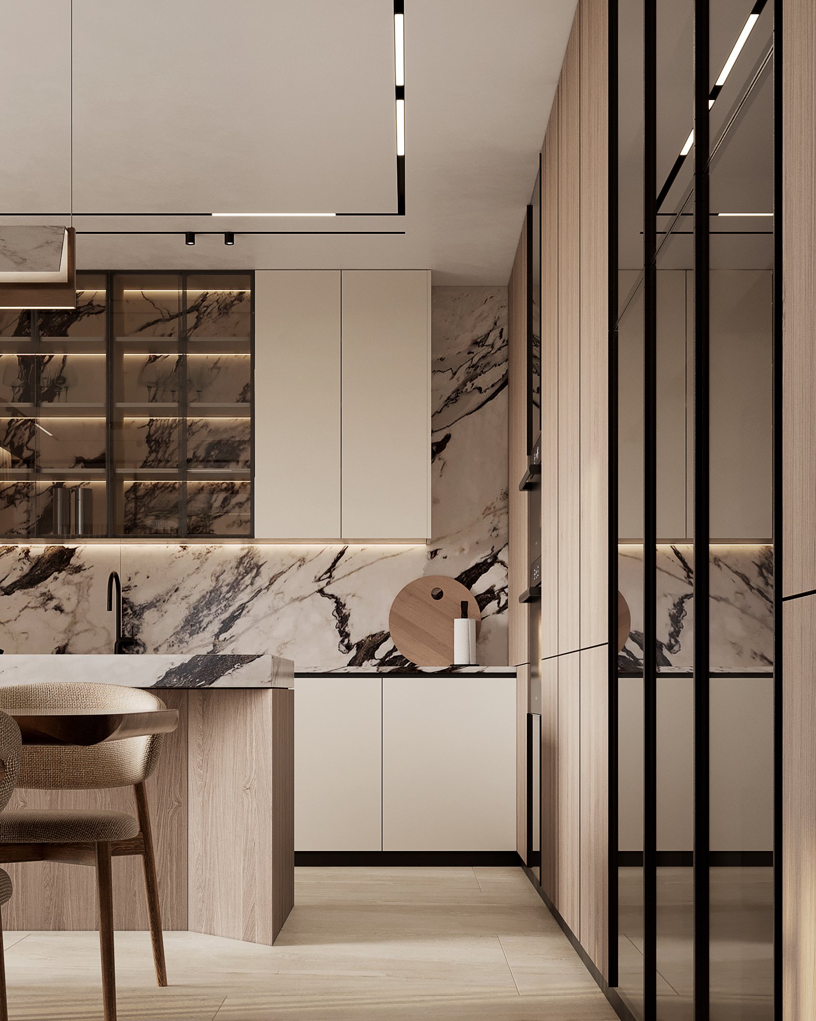 Modern kitchen detail with marble backsplash, wooden cabinets, and black framed glass storage.