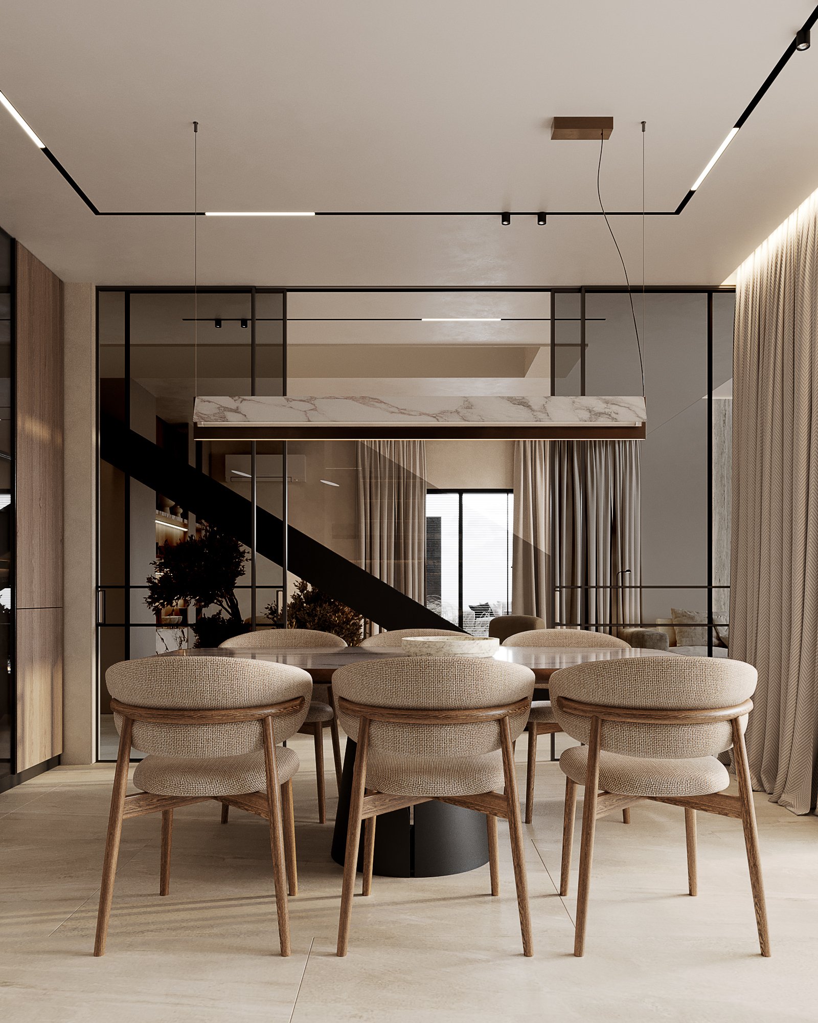 Elegant dining area with upholstered chairs, marble-topped table, and glass partition wall with black frames.