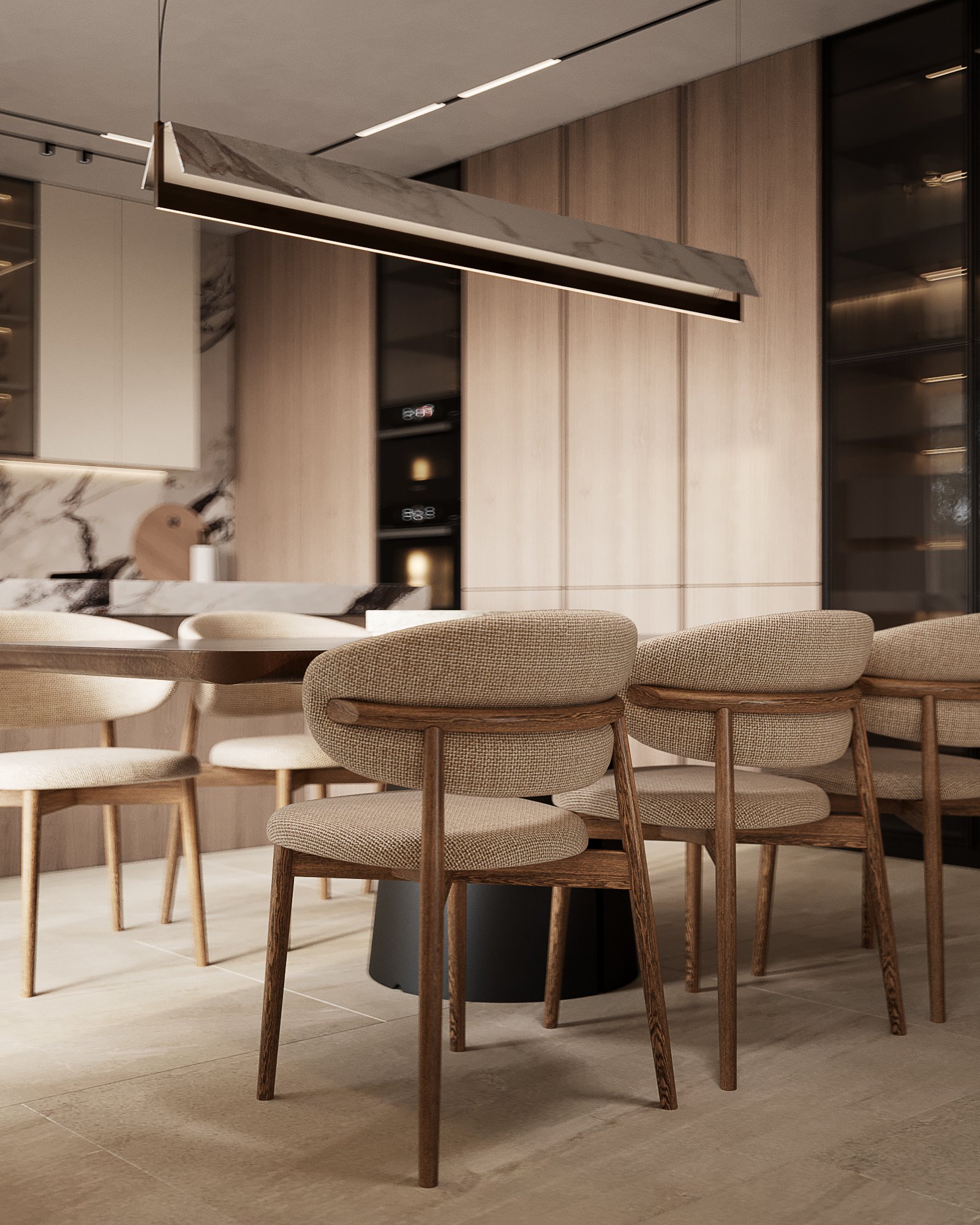 Detail of dining area showing upholstered chairs, marble pendant light, and wooden wall paneling.
