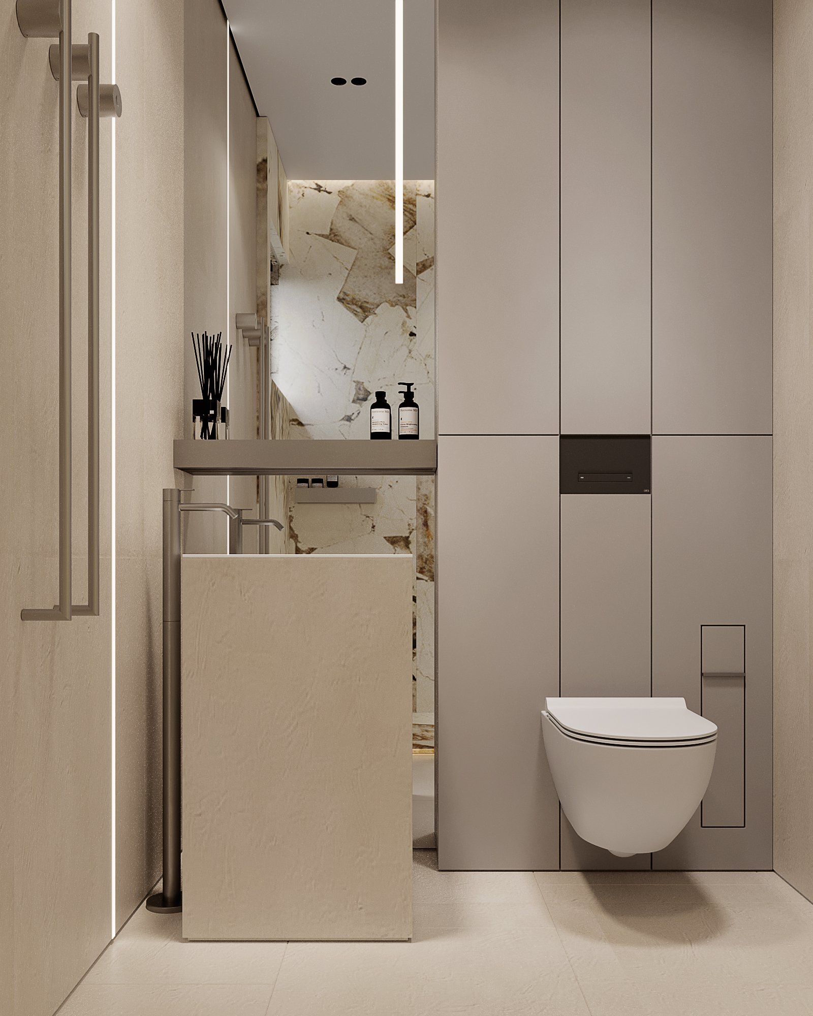 Modern bathroom featuring a floating vanity with built-in shelf, marble accent wall with black fixtures, and wall-mounted toilet with integrated storage panels.