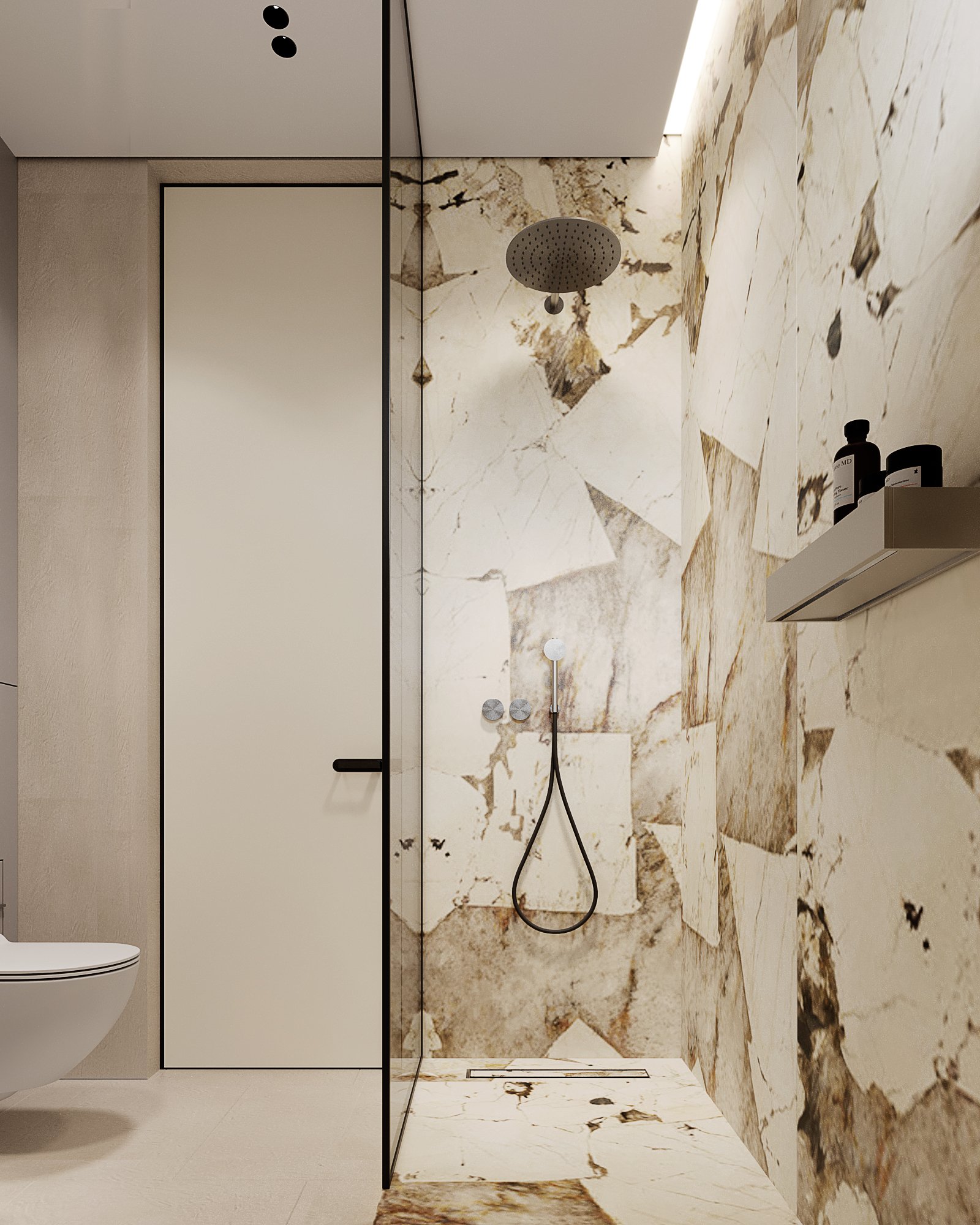Contemporary bathroom with dramatic marble walls, black fixtures, and minimalist glass shower partition.