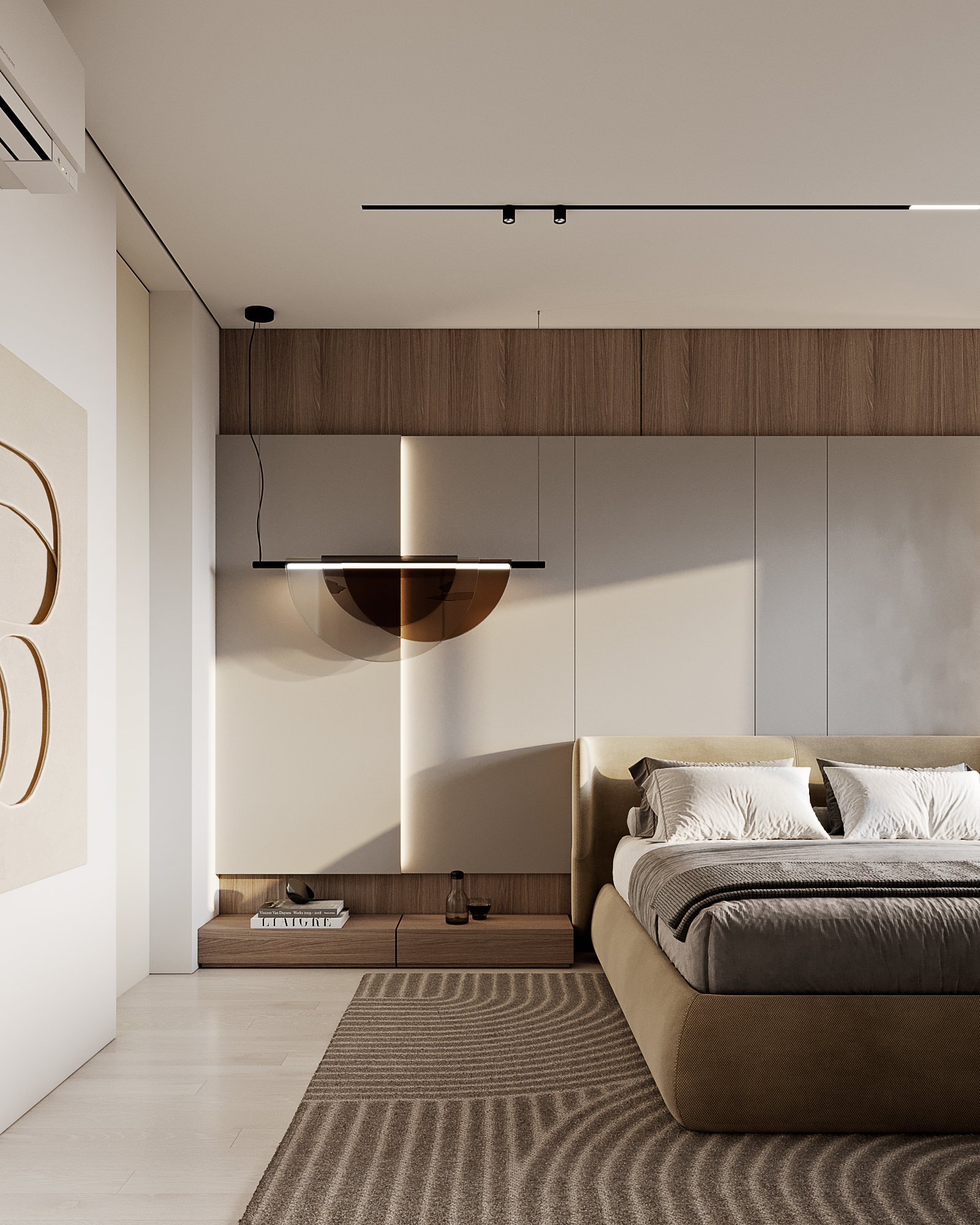 Another view of master bedroom showing upholstered bed, pendant light, and built-in wooden storage.