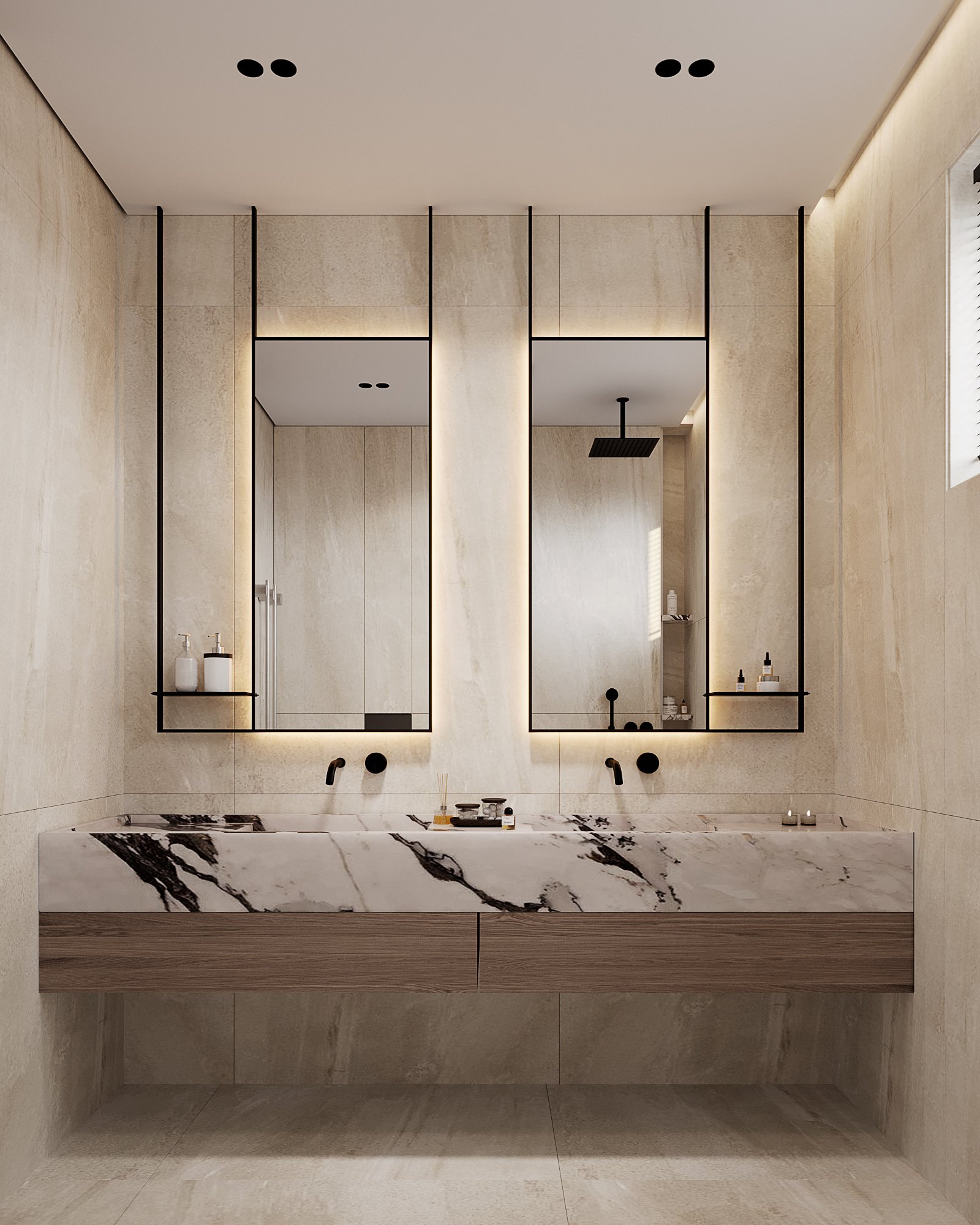 Luxury master bathroom with twin mirrors, black framed accents, marble countertop and wooden base cabinets.