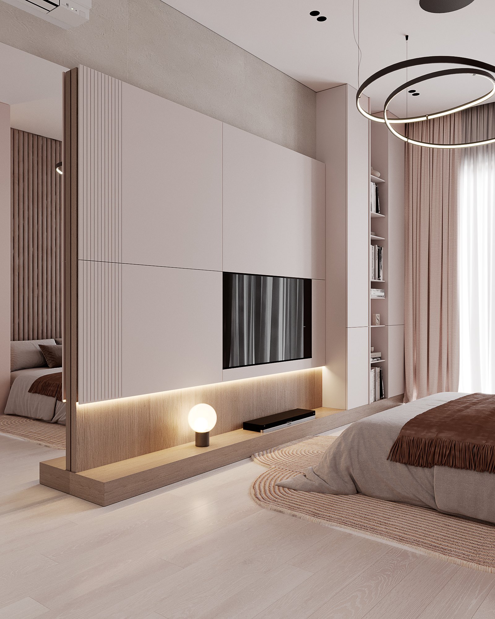 Master bedroom featuring TV wall unit with wooden panels, LED backlighting and circular pendant lights.