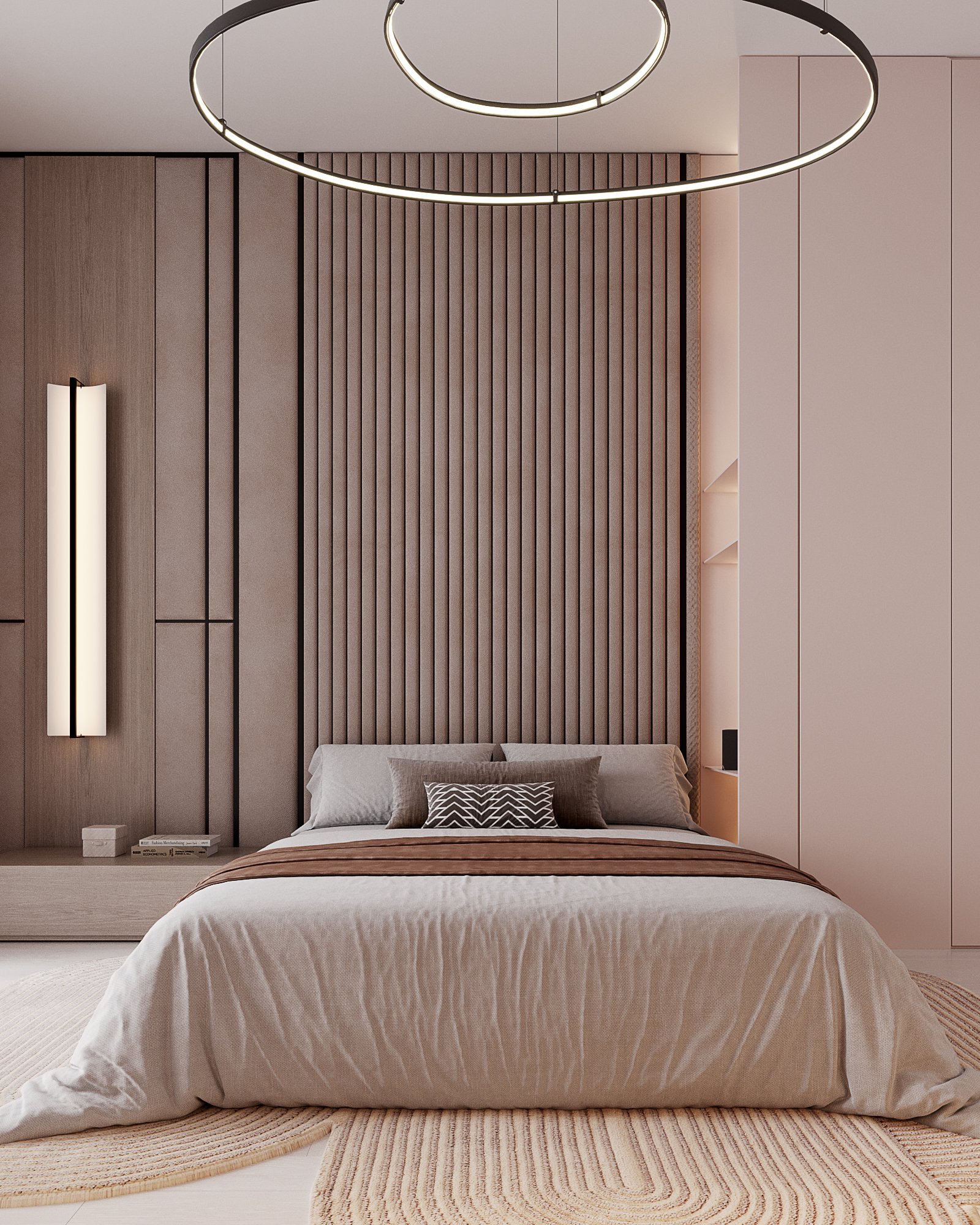Contemporary bedroom with fluted wall panels, circular LED ceiling light and geometric pattern bedding.