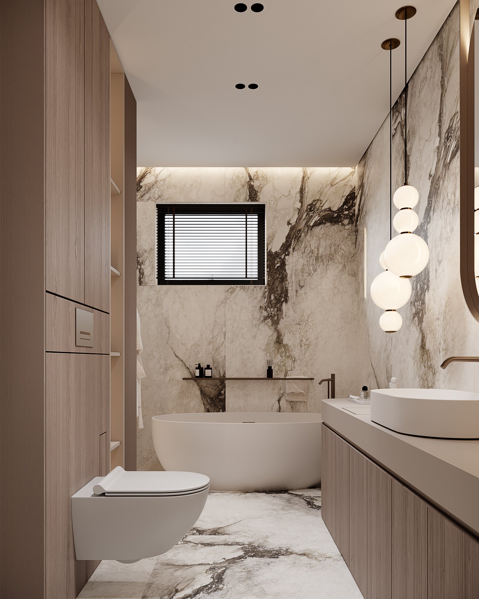 Modern bathroom with freestanding tub, wooden vanity, marble walls and spherical pendant lighting.