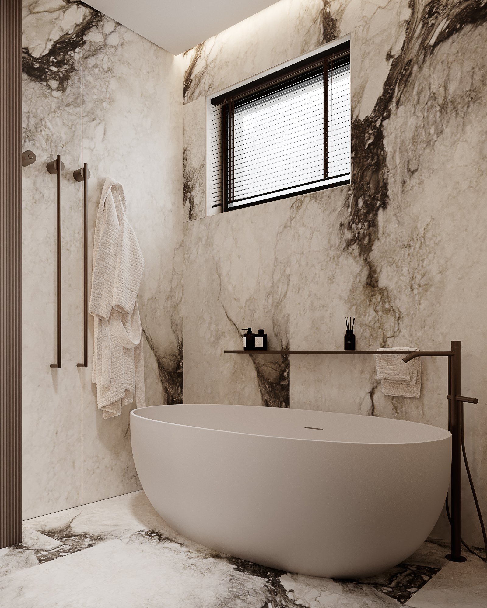 Elegant bathroom featuring oval freestanding bathtub, marble wall panels, black fixtures and window with venetian blinds.