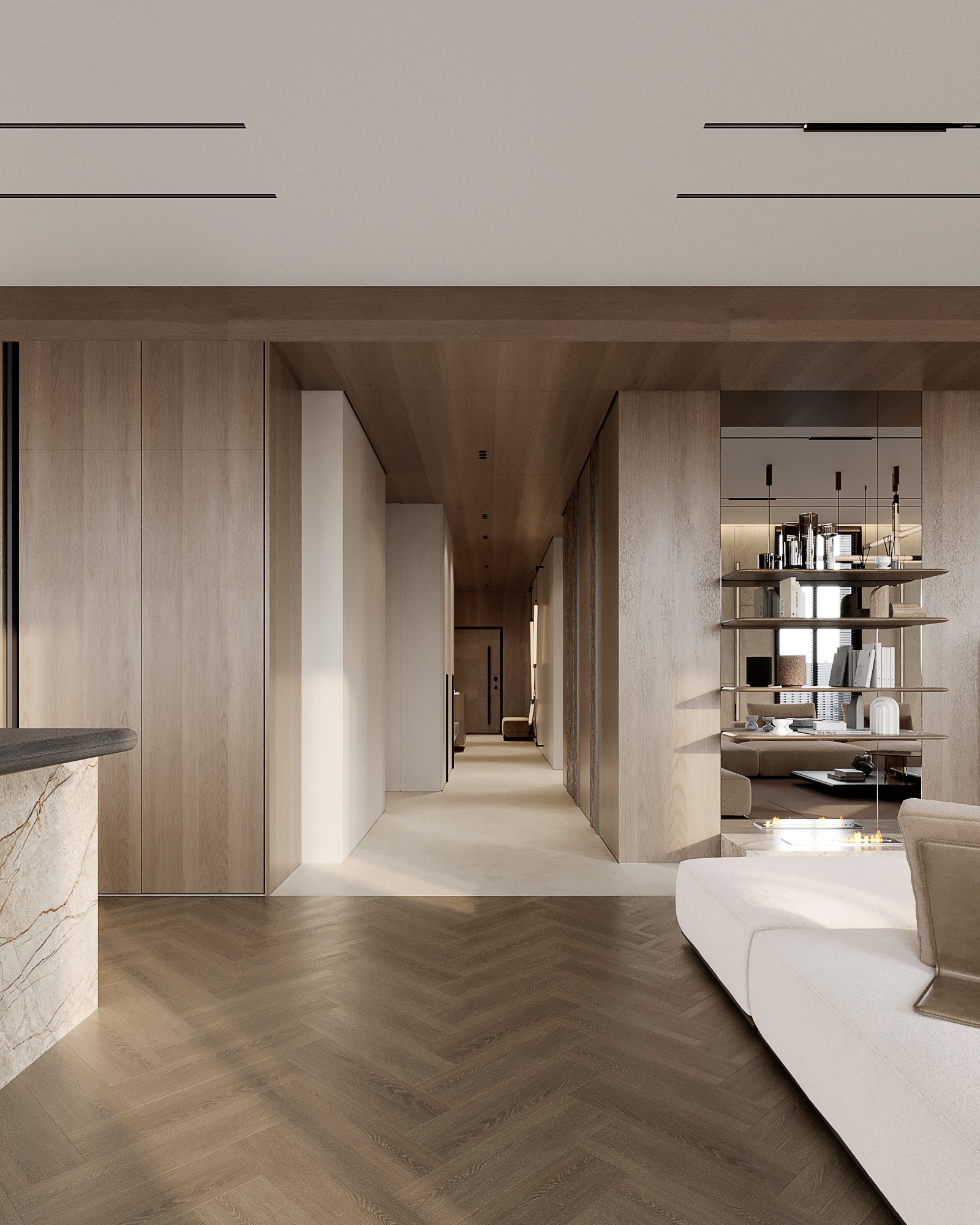 Elegant corridor with herringbone flooring, built-in storage, and floating shelving system.