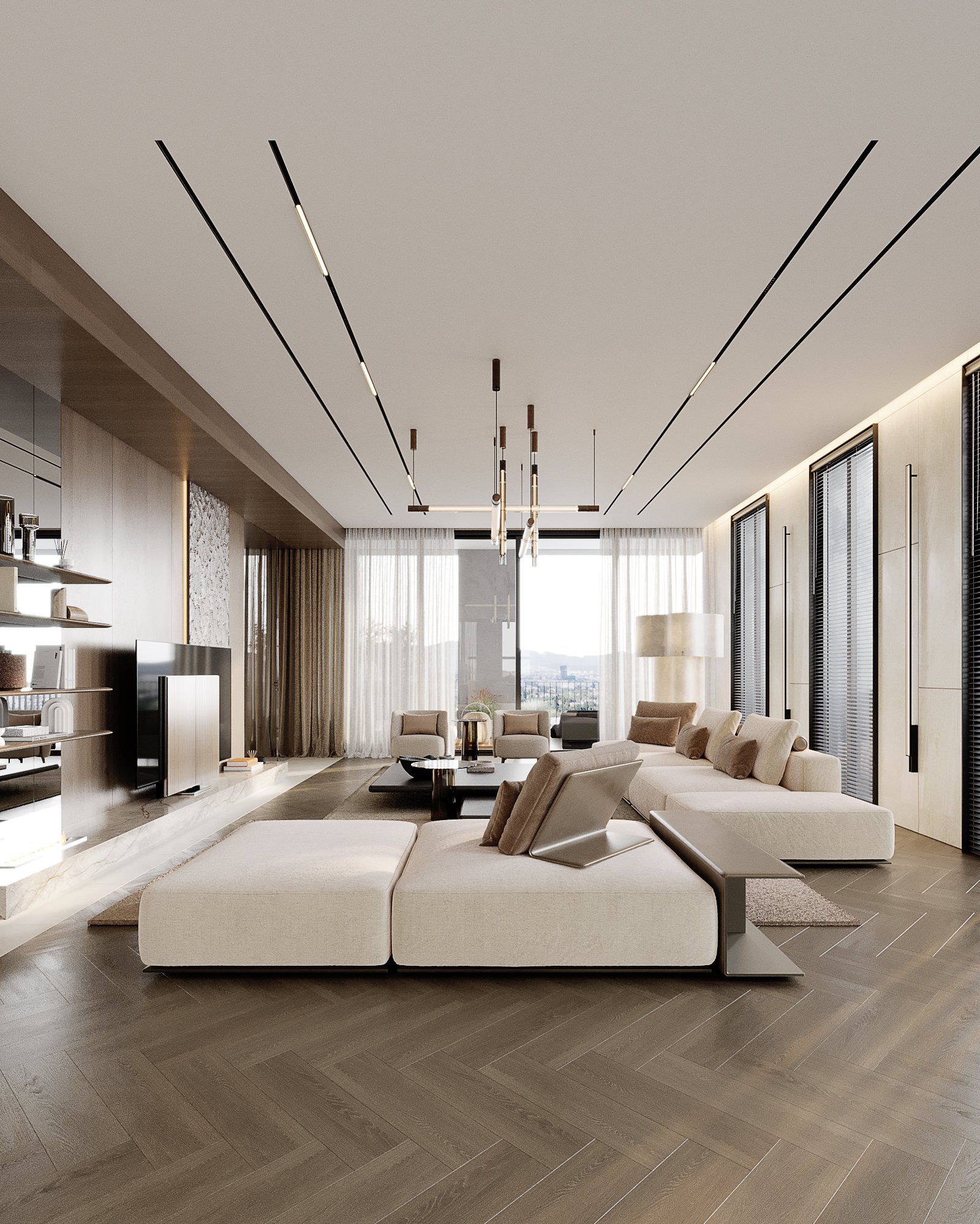 Sophisticated living room with modular seating, geometric ceiling lights, and floor-to-ceiling windows.