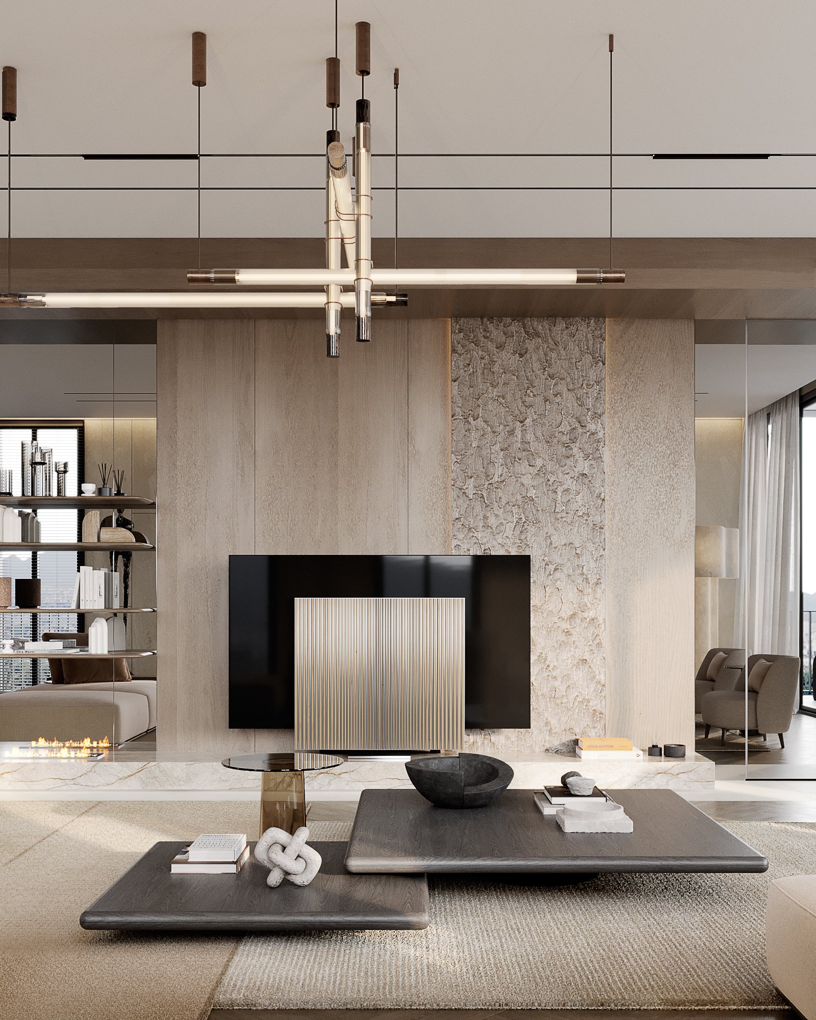 Contemporary living room featuring sculptural lighting, textured wall panels, and modern coffee tables.