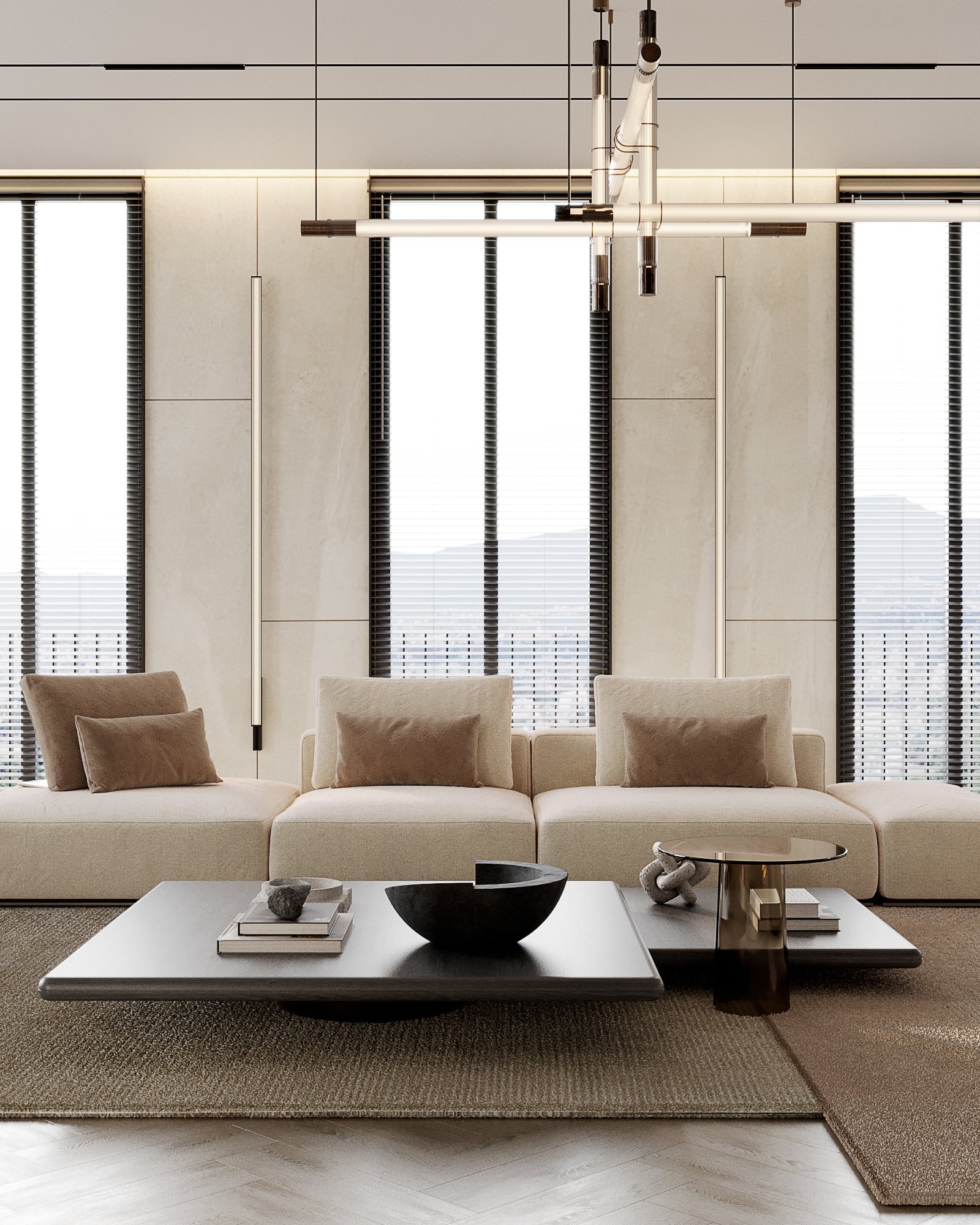 Luxurious living area with cream modular sofa, designer coffee tables, and custom lighting.