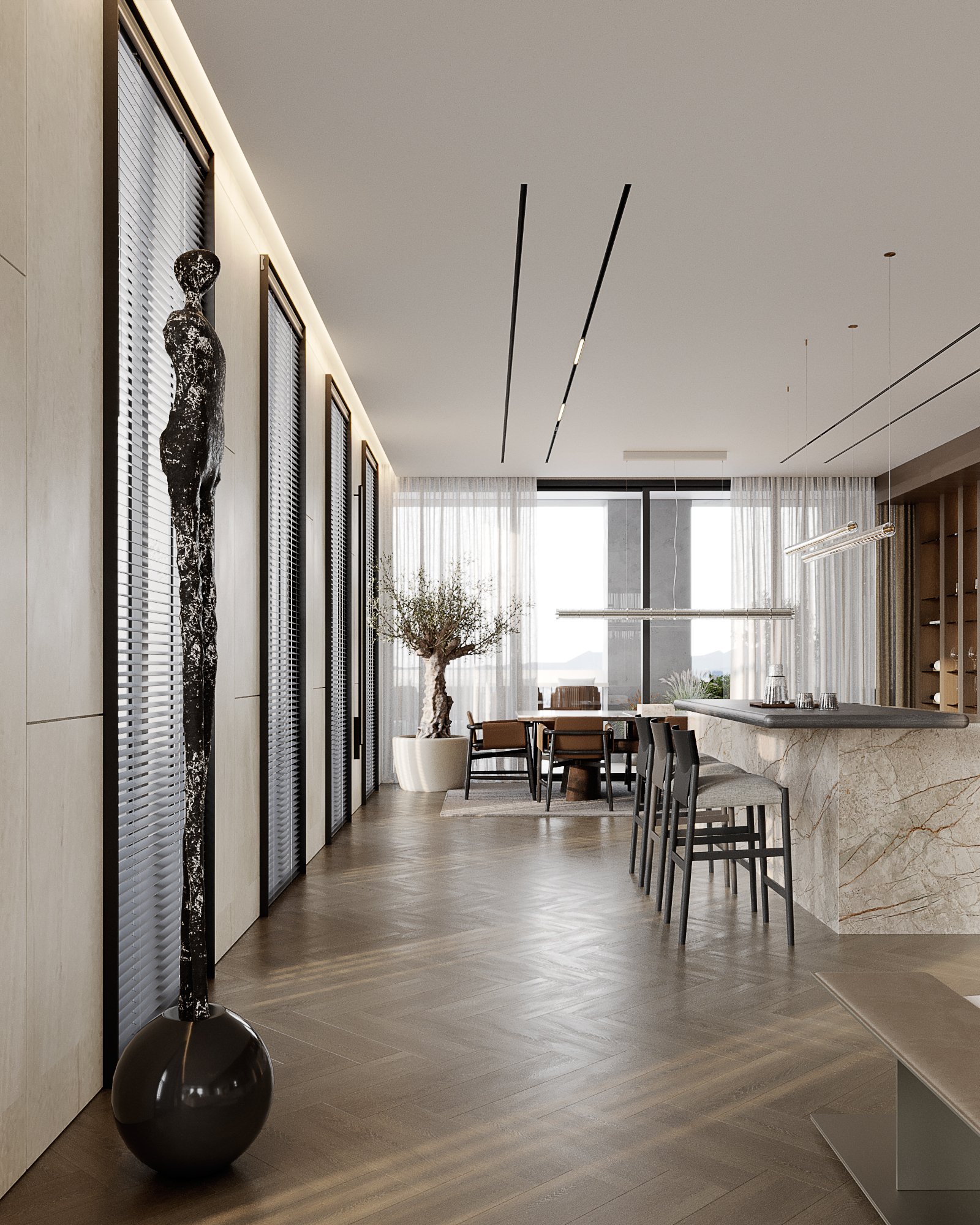Modern dining area with sculptural art piece, marble bar counter, and herringbone flooring.