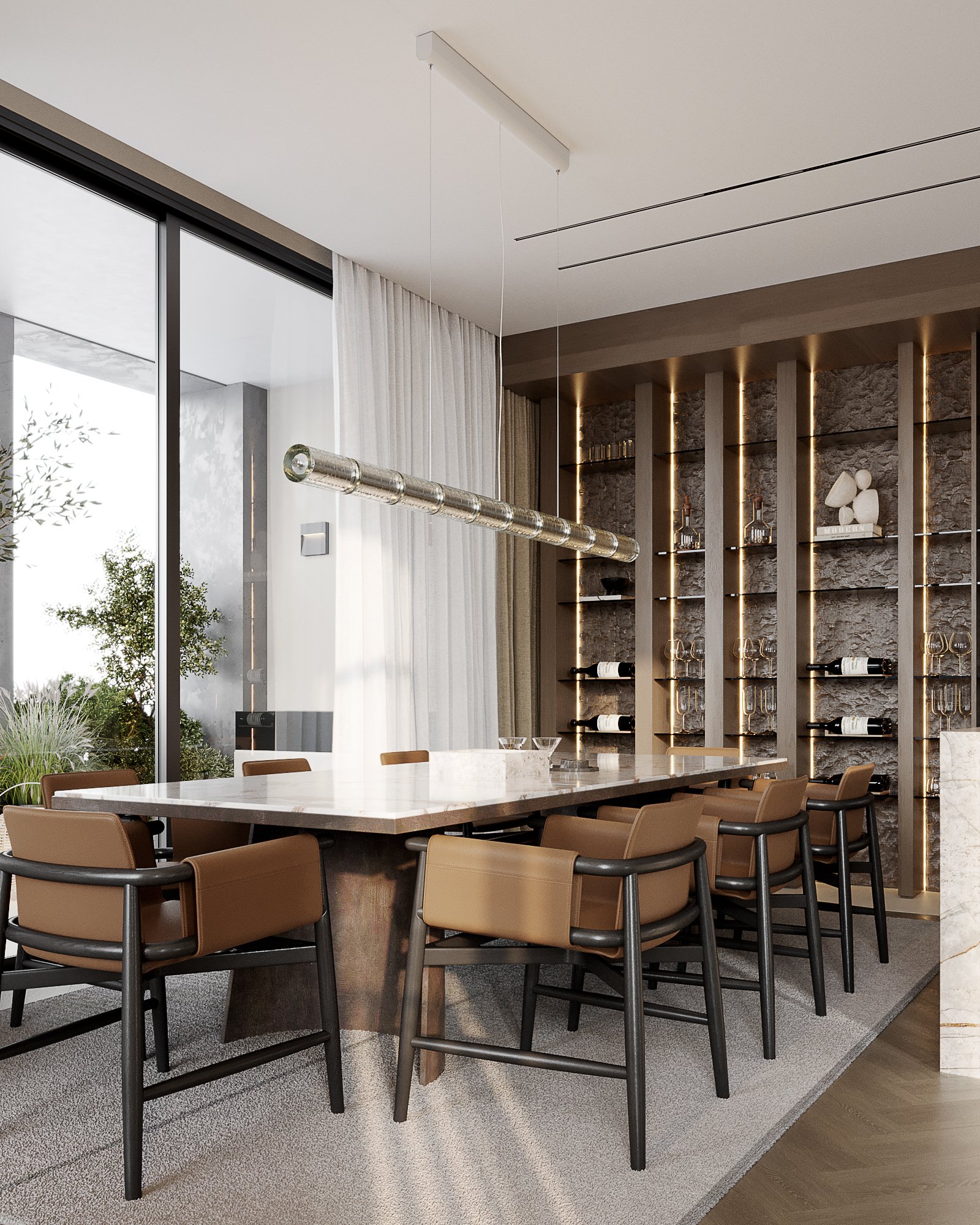 Elegant dining space with illuminated wine display, marble dining table, and leather dining chairs.