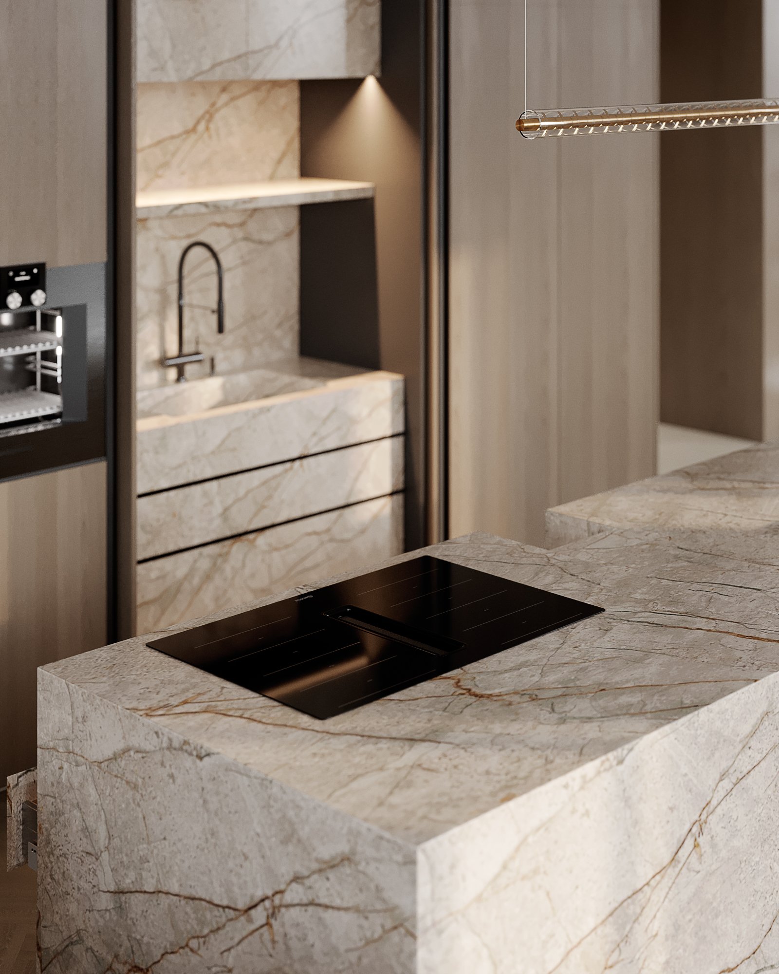 Modern kitchen featuring marble countertops, black induction cooktop, and minimalist fixtures.