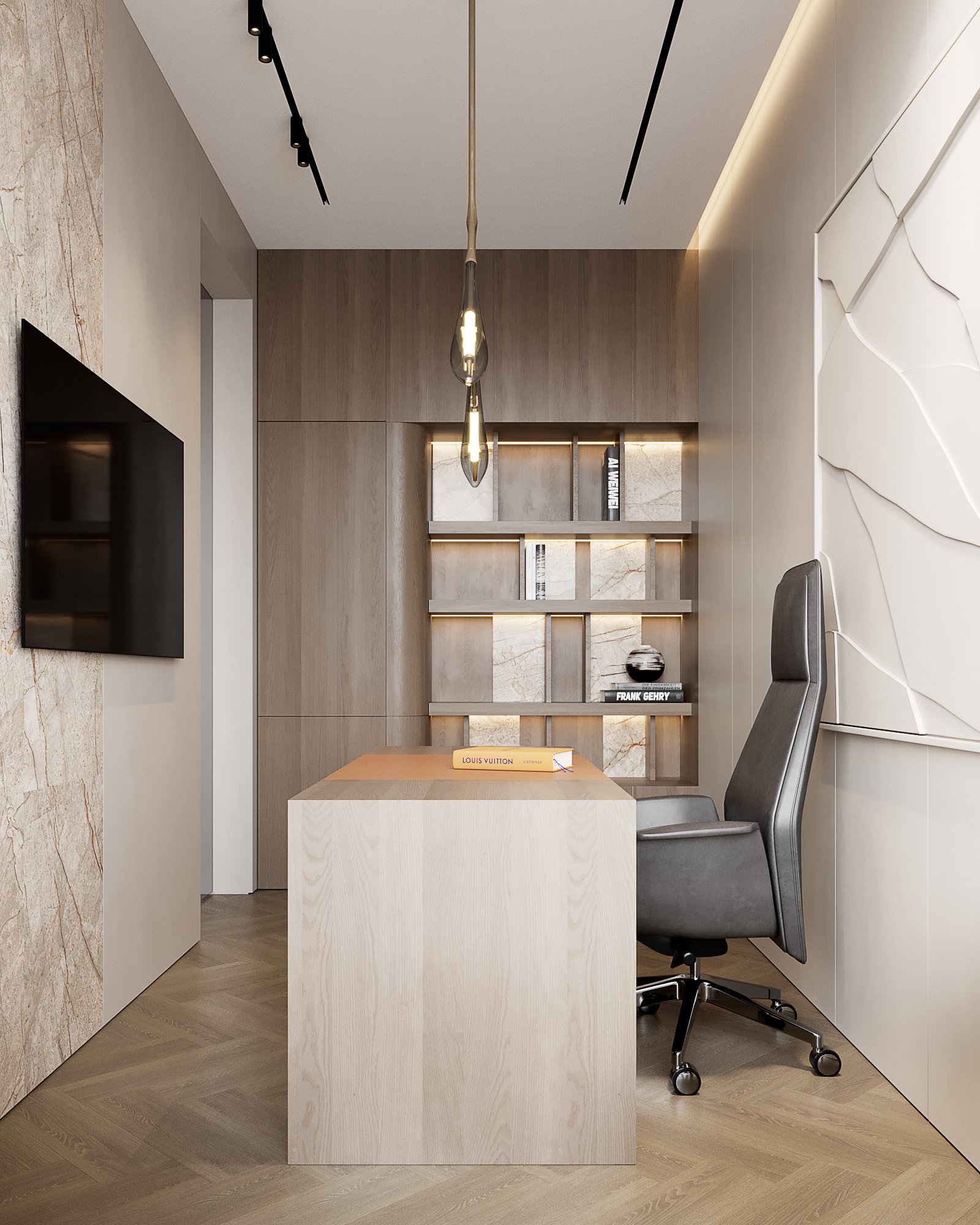 Contemporary home office featuring wooden desk, leather executive chair, illuminated shelving, and textured wall panels.