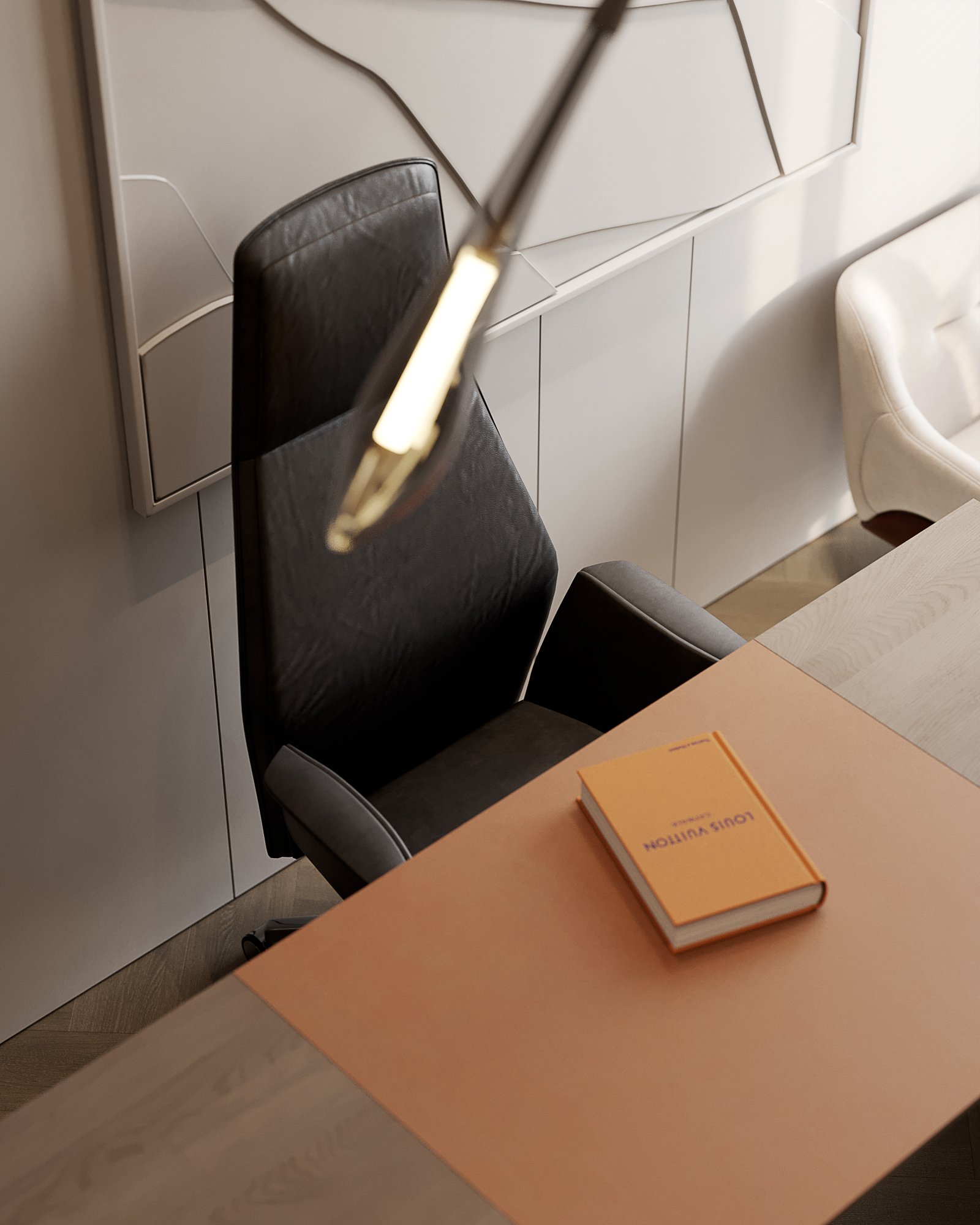 Detail of modern home office with leather chair, designer lighting, and geometric wall panels.