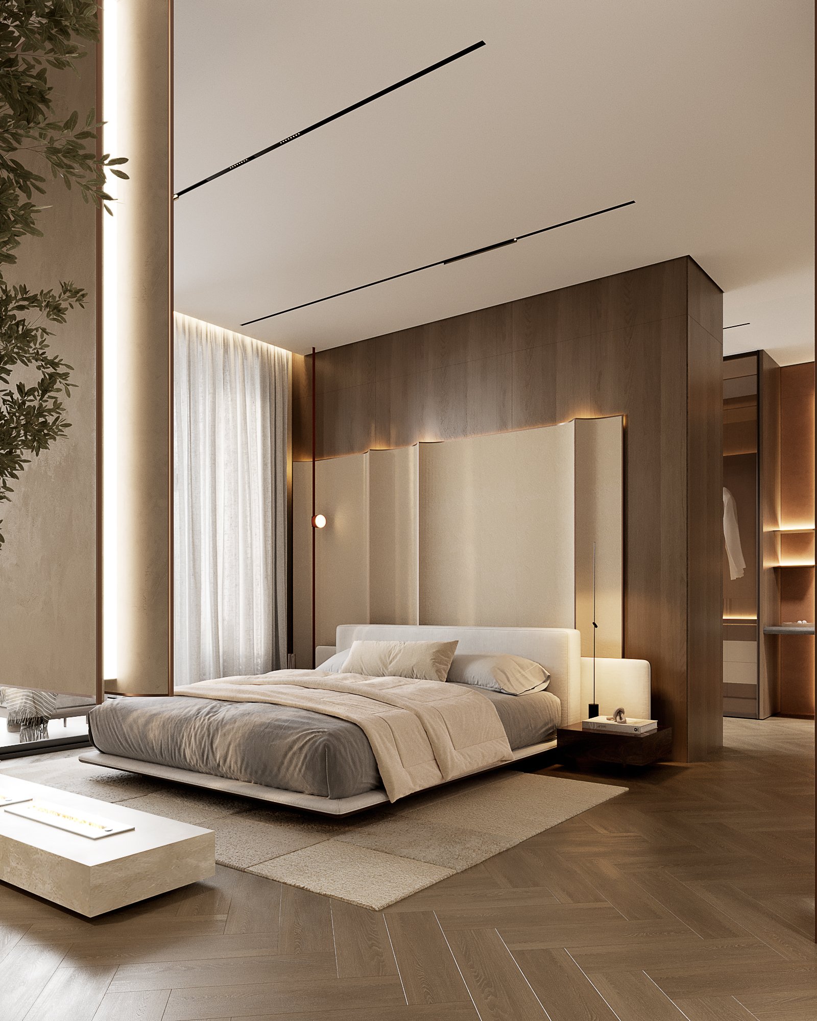Luxurious master bedroom with floating platform bed, wooden wall panels, and floor-to-ceiling windows with sheer curtains.