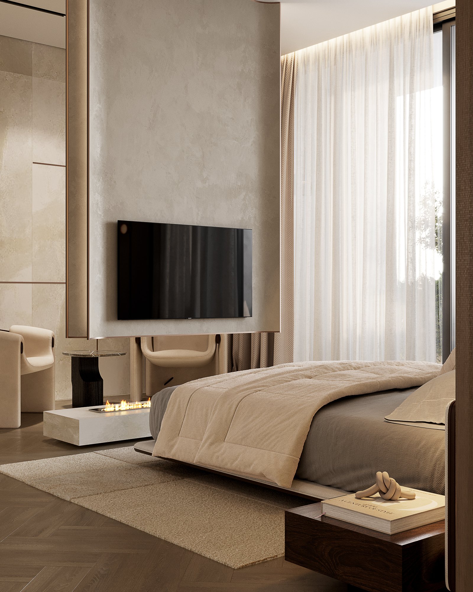Contemporary bedroom featuring wall-mounted TV, linear fireplace, and designer bedding with herringbone flooring.