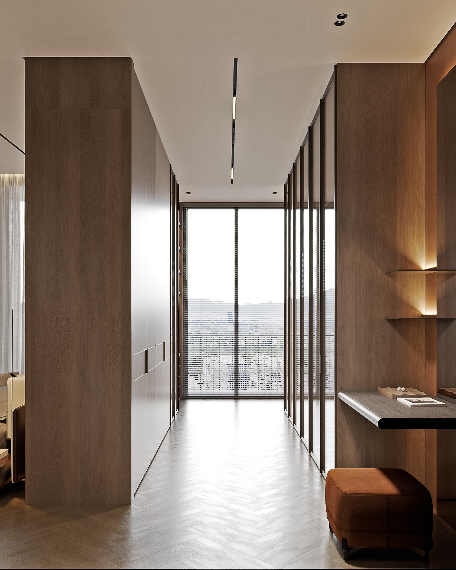 Elegant hallway with wooden paneling, built-in storage, and floor-to-ceiling windows with city views.
