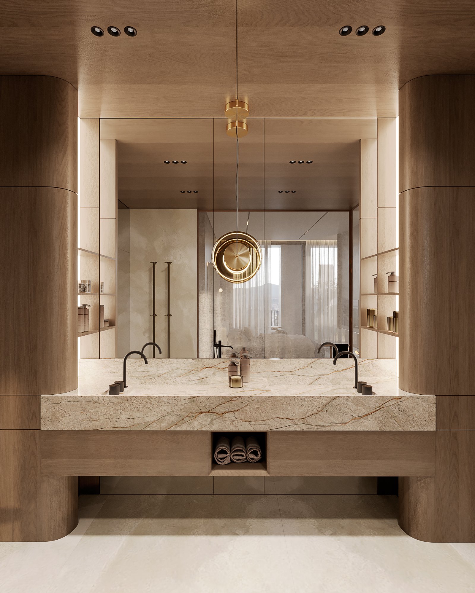 Modern bathroom featuring marble double vanity, brass pendant light, and wooden curved columns with integrated storage.