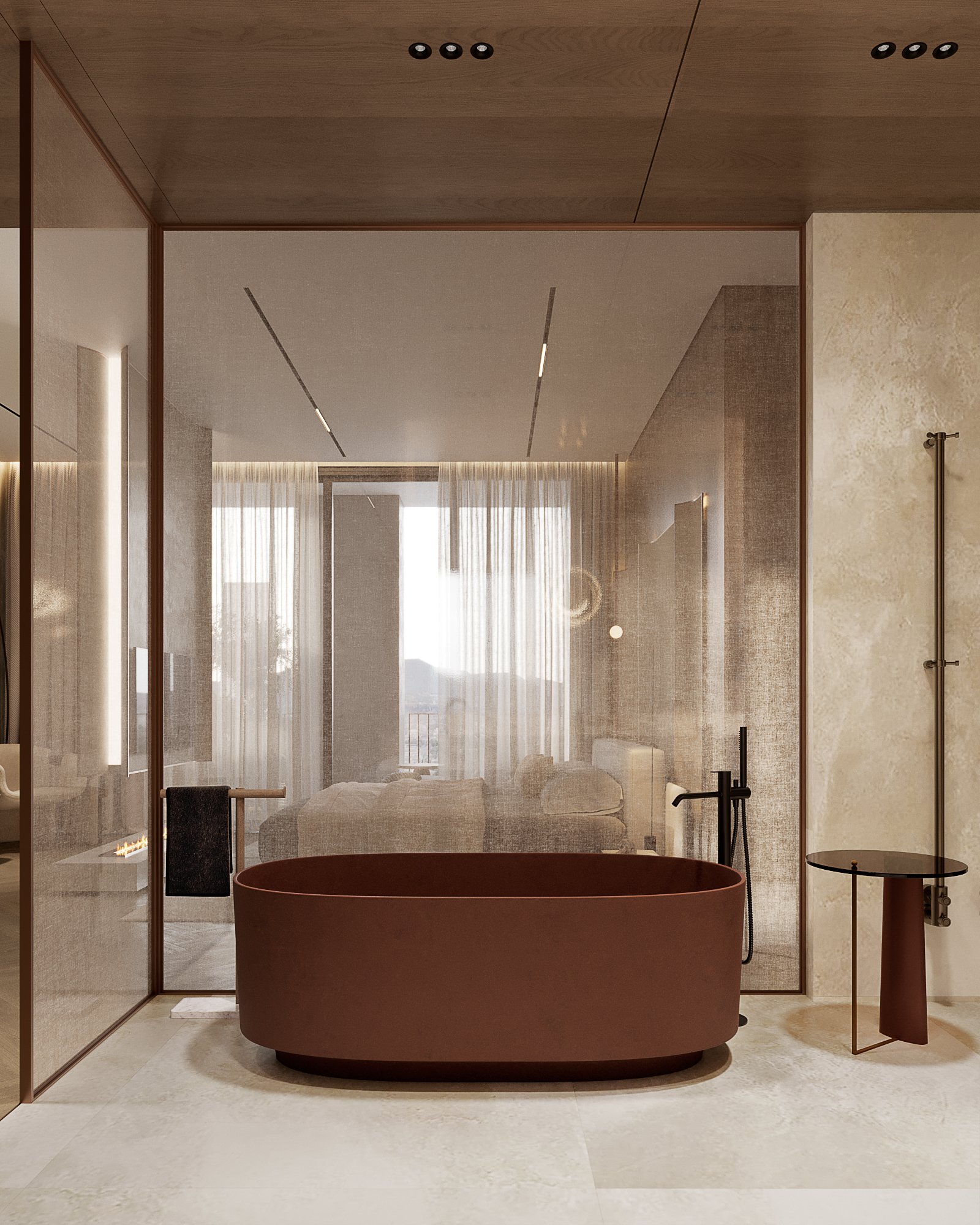 Contemporary bathroom with terracotta freestanding bathtub, glass partitions, and panoramic city views.