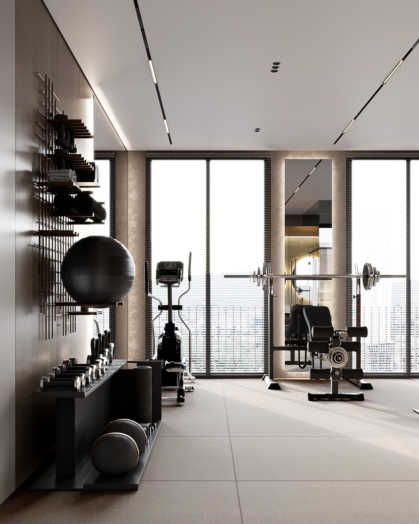 Modern home gym featuring wall-mounted storage system, exercise equipment, and floor-to-ceiling windows with city views.