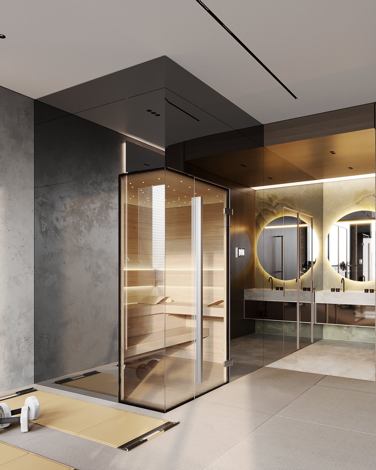 Luxurious wellness area featuring a glass-enclosed sauna and modern bathroom with backlit circular mirrors and marble vanity.