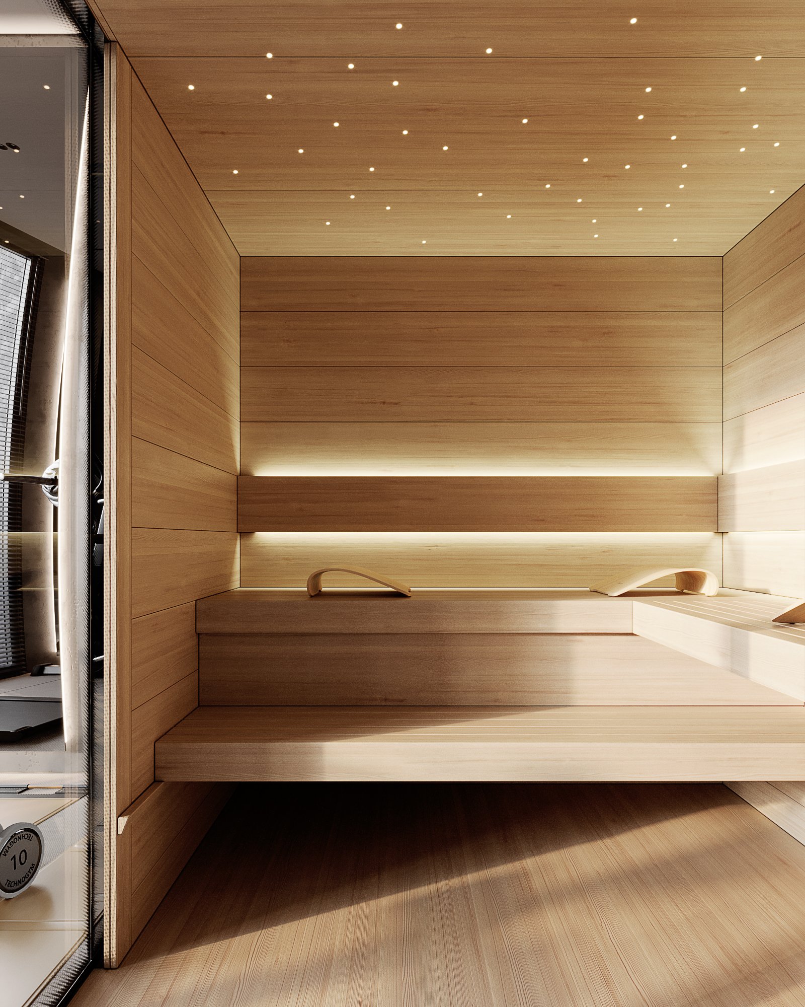 Contemporary sauna interior with light wood paneling, built-in LED lighting, and ergonomic benches.