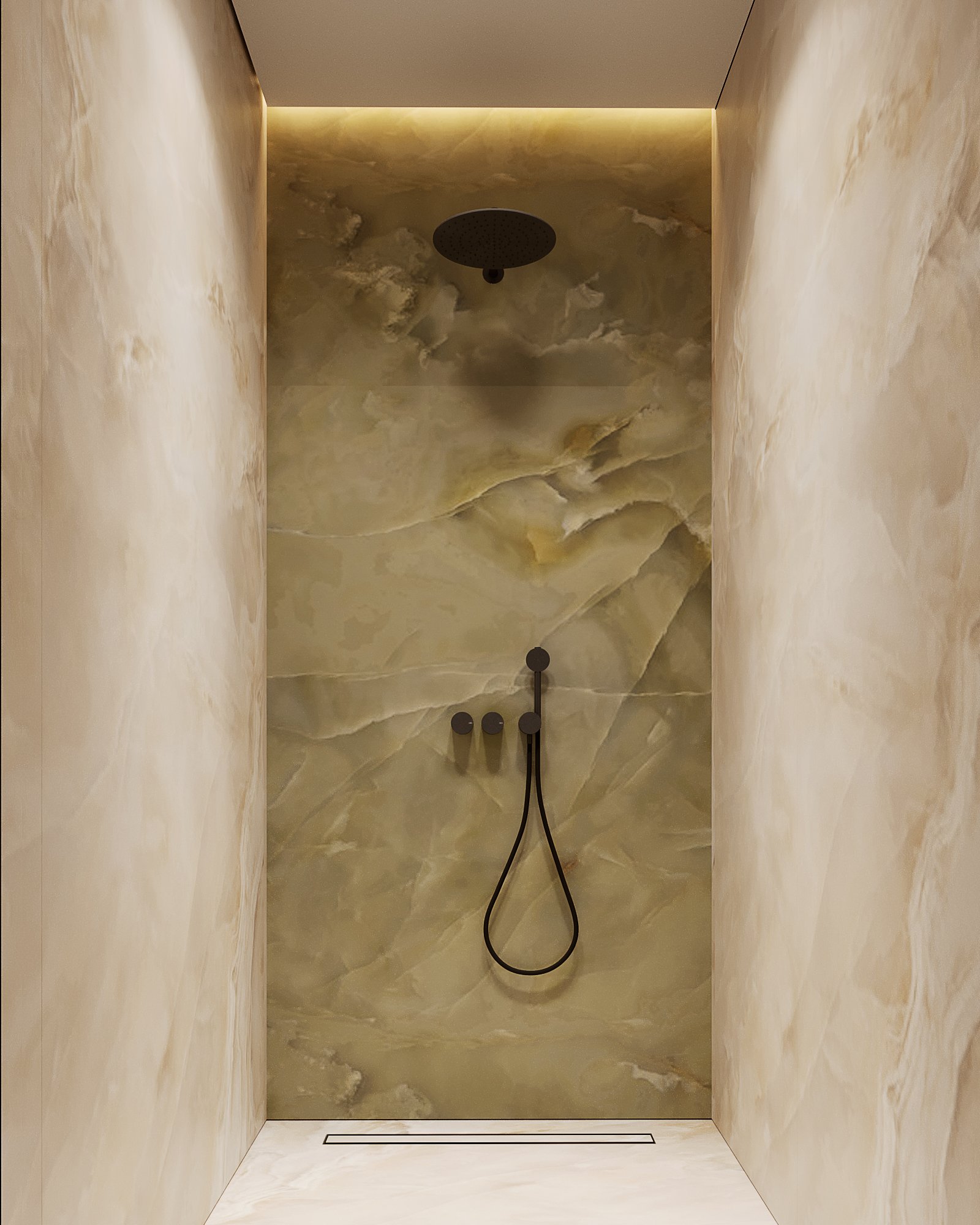 Elegant shower room featuring backlit honey onyx walls, matte black fixtures, and minimalist design.