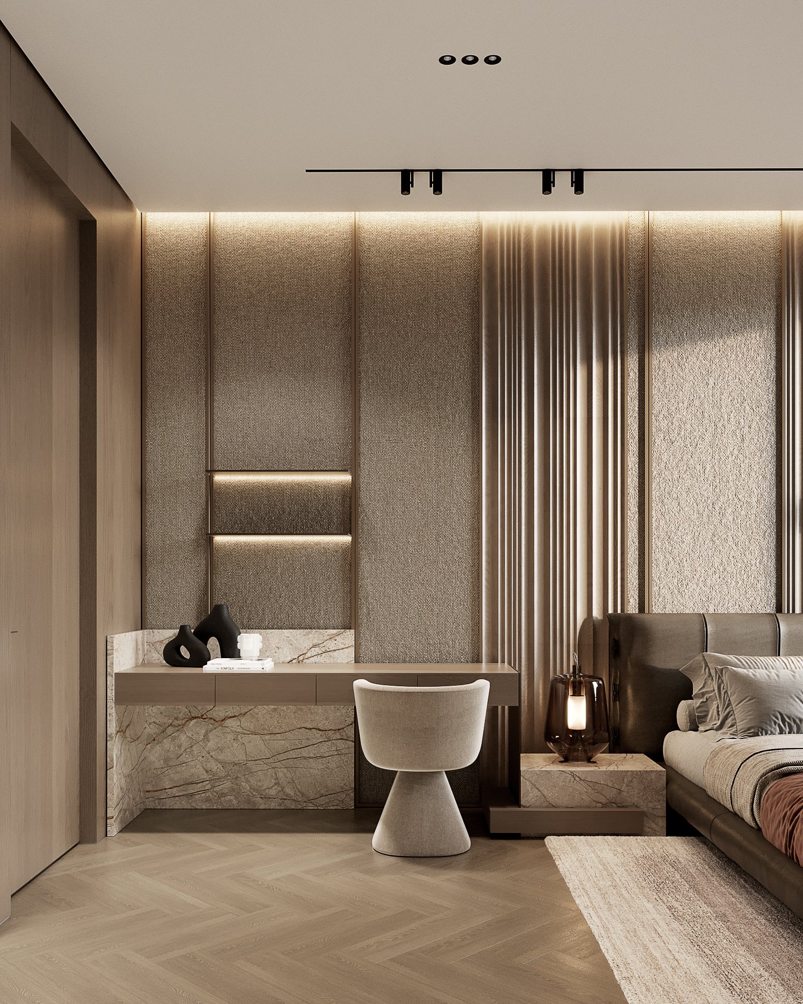 Custom wardrobe featuring illuminated wooden slats, integrated storage, and sophisticated lighting design.