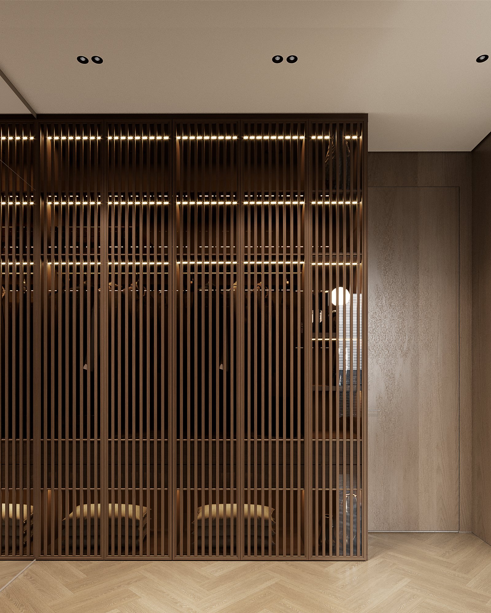 Custom wardrobe featuring illuminated wooden slats, integrated LED lighting, and premium hardware with herringbone flooring.