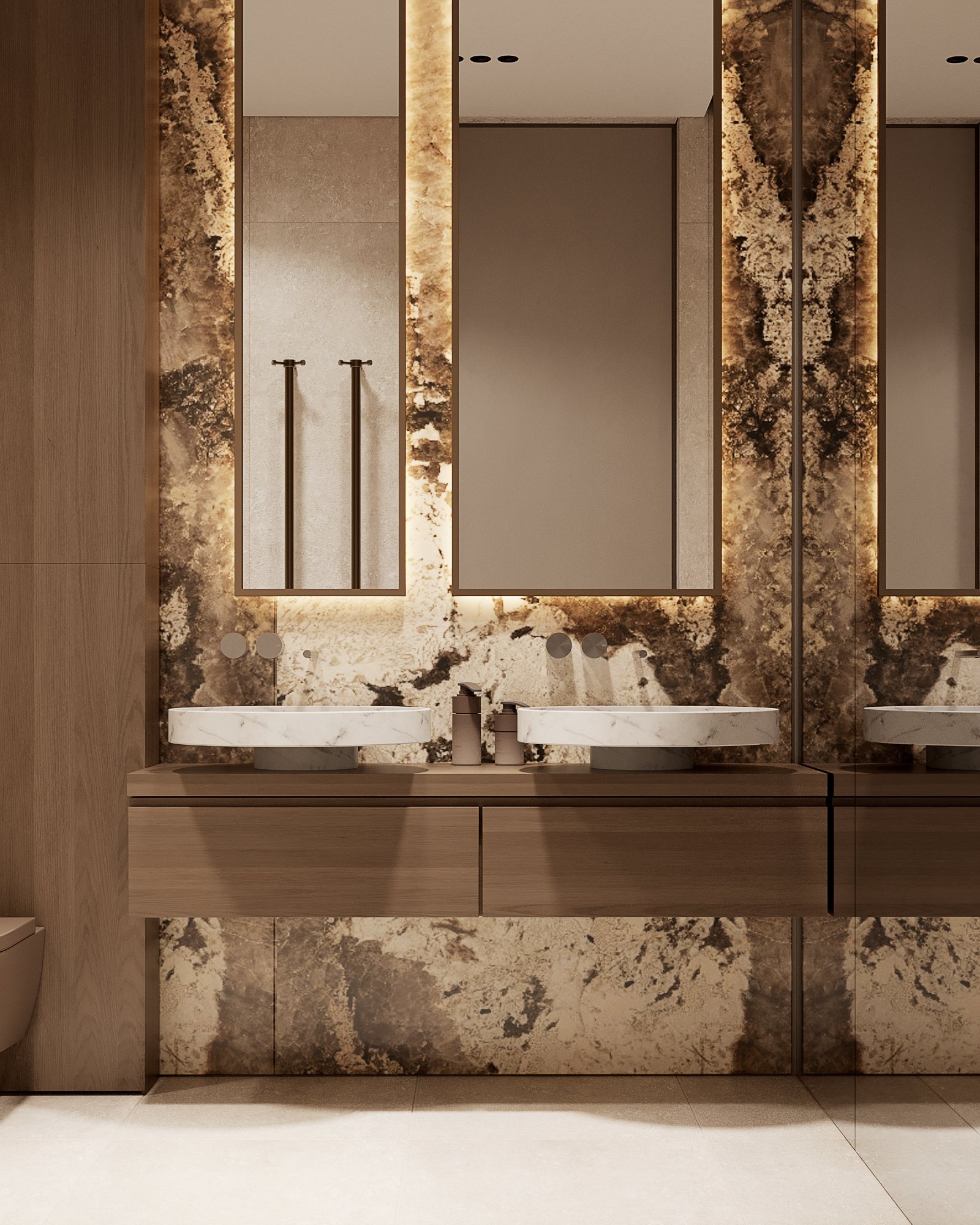 Elegant bathroom with backlit onyx feature wall, floating wooden vanity with double vessel sinks, and matte black fixtures.