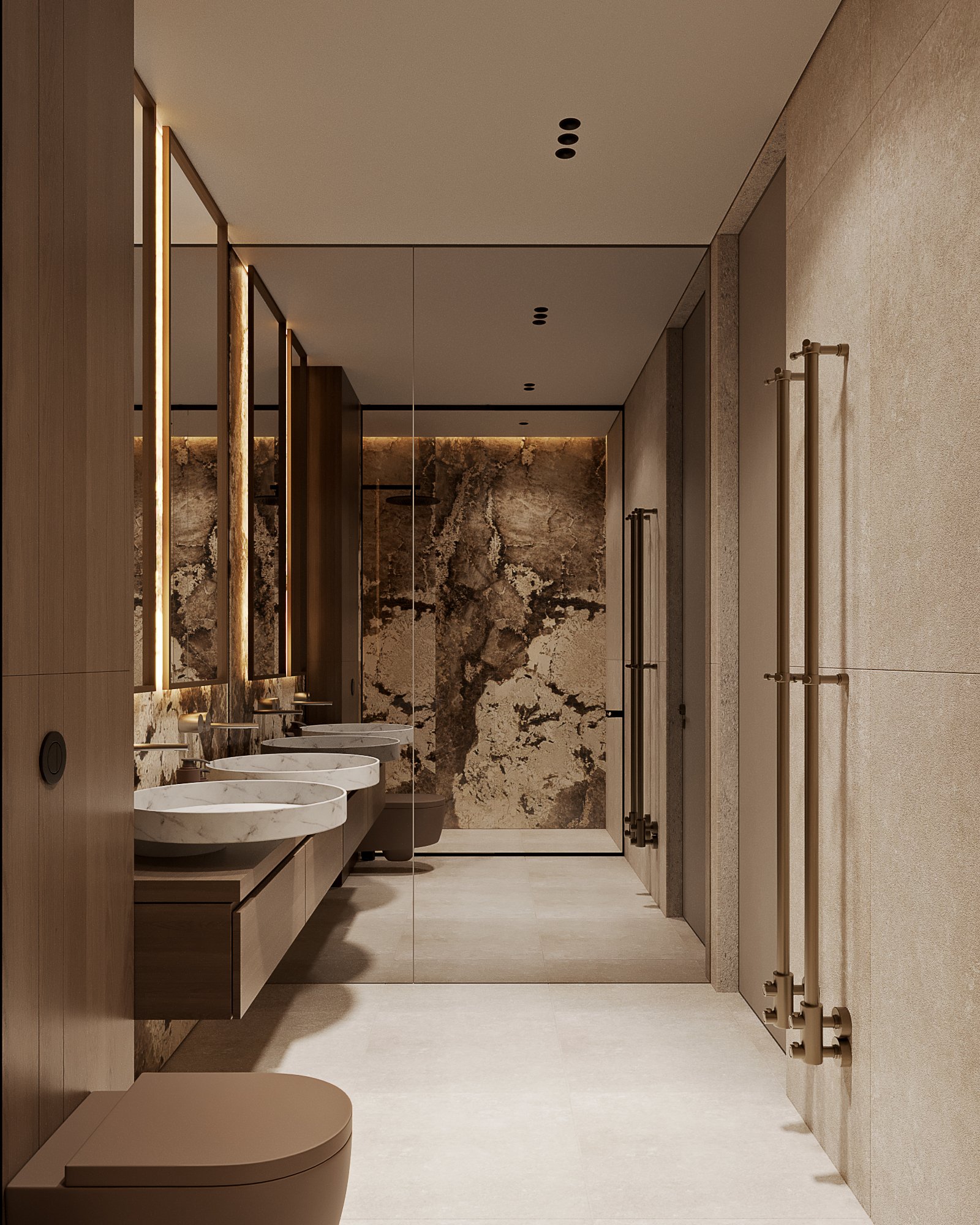 Modern bathroom featuring dramatic backlit onyx walls, floating vanities with marble vessel sinks, and minimalist wall-mounted fixtures.