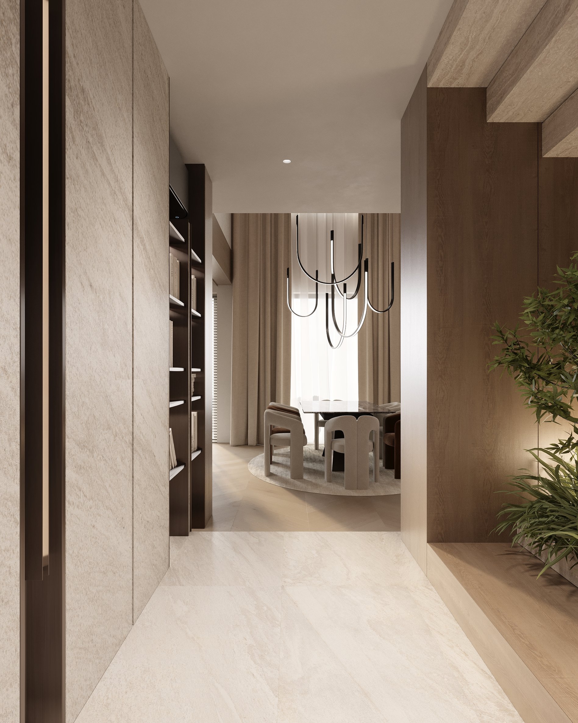 Minimalist hallway with large-format stone tiles, integrated shelving, and a view towards the dining area with sculptural lighting.