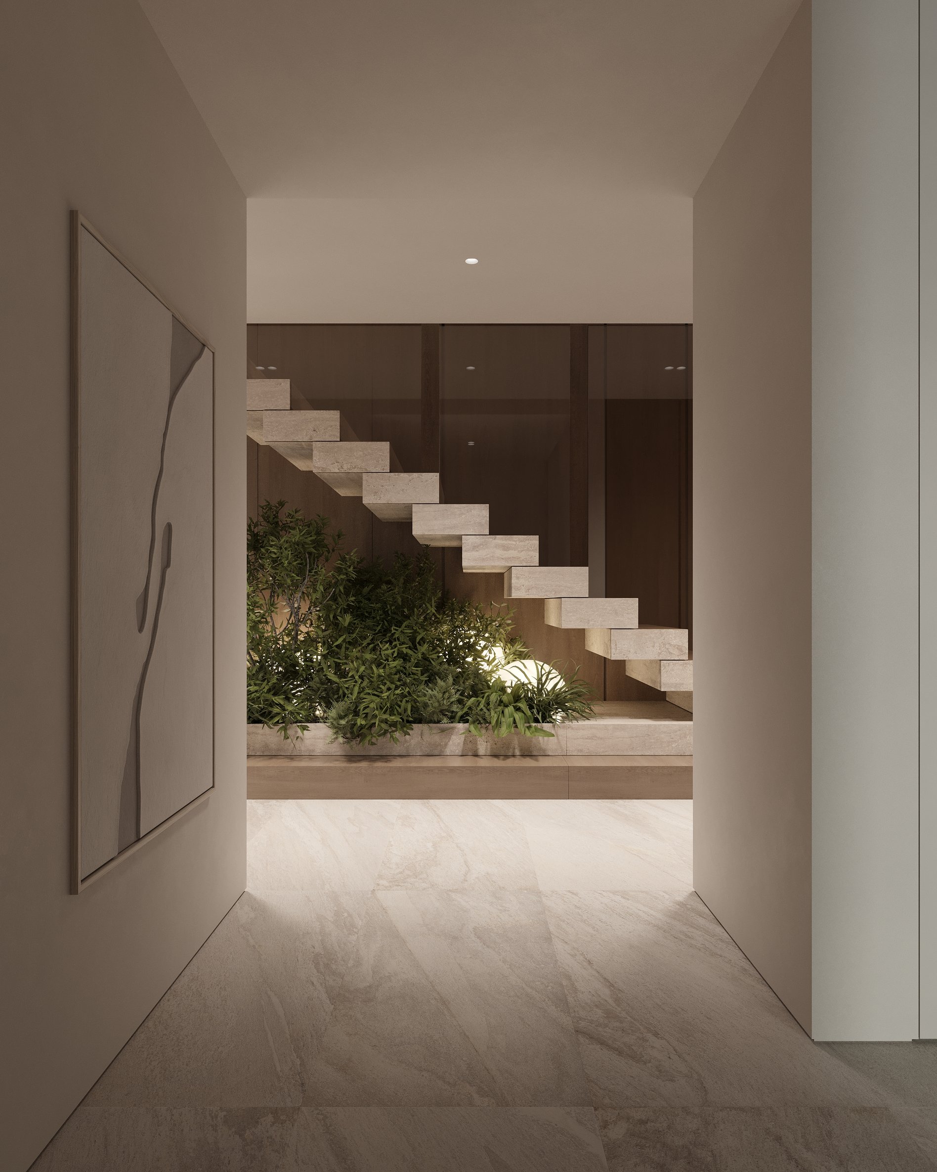View of a floating stone staircase above an indoor garden with lush greenery, framed by minimalist walls and soft lighting.