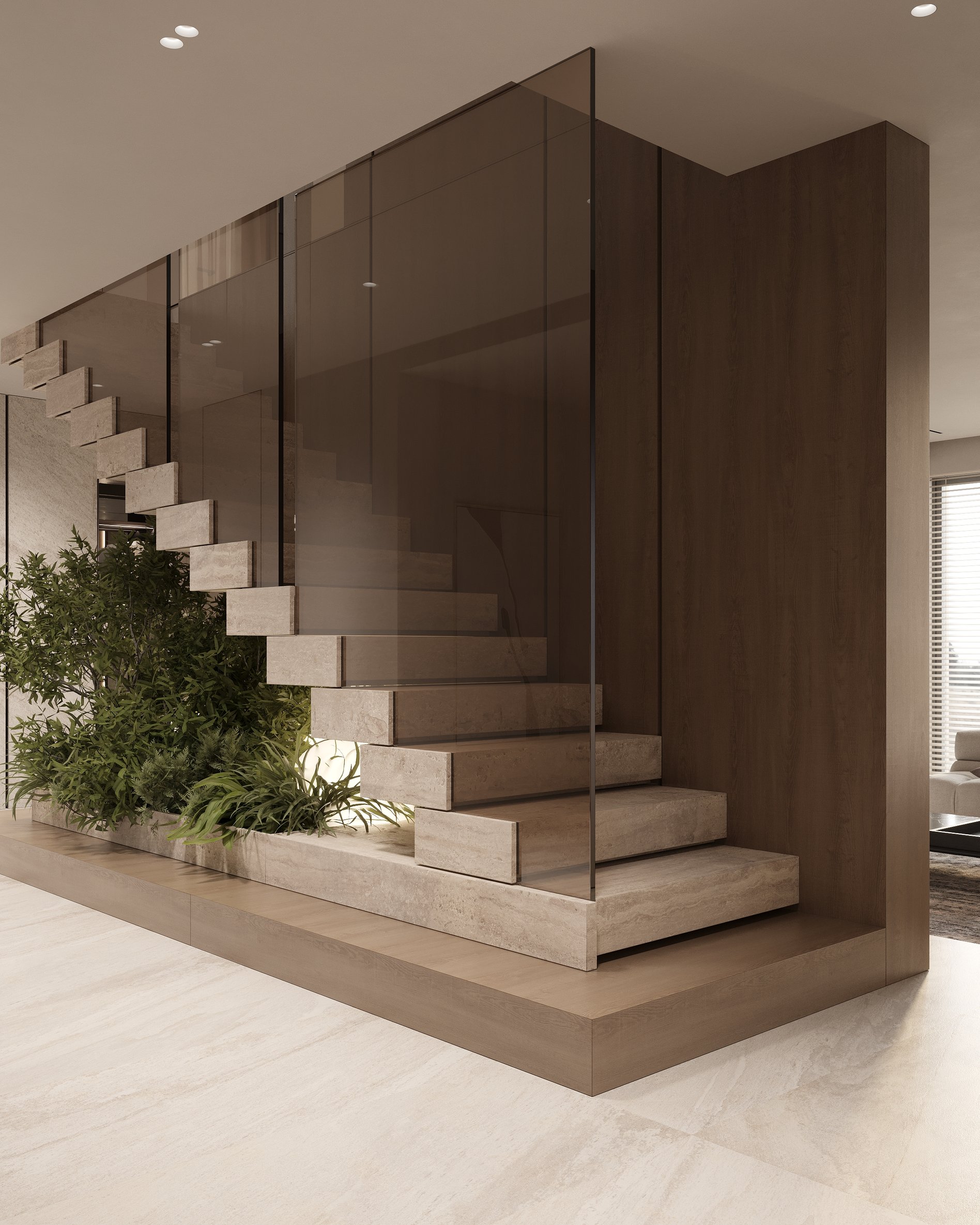 Detail of a floating staircase with stone steps, glass railing, and lush indoor plants beneath, set against warm wood paneling.