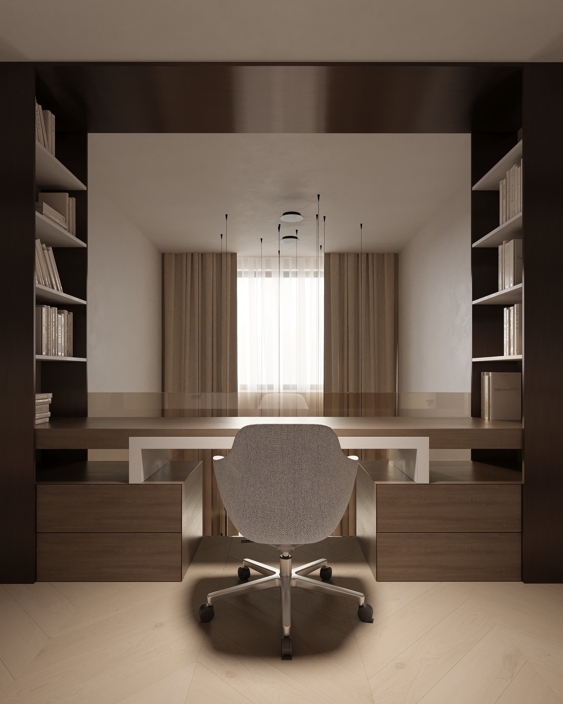 Contemporary home office with built-in shelving, a large wooden desk, ergonomic chair, and a window with sheer curtains for soft daylight.