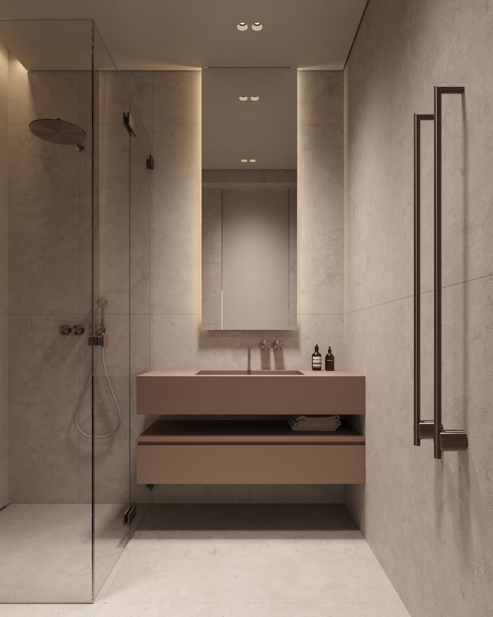 Minimalist bathroom with floating taupe vanity, built-in mirror with soft lighting, and walk-in shower with glass partition.