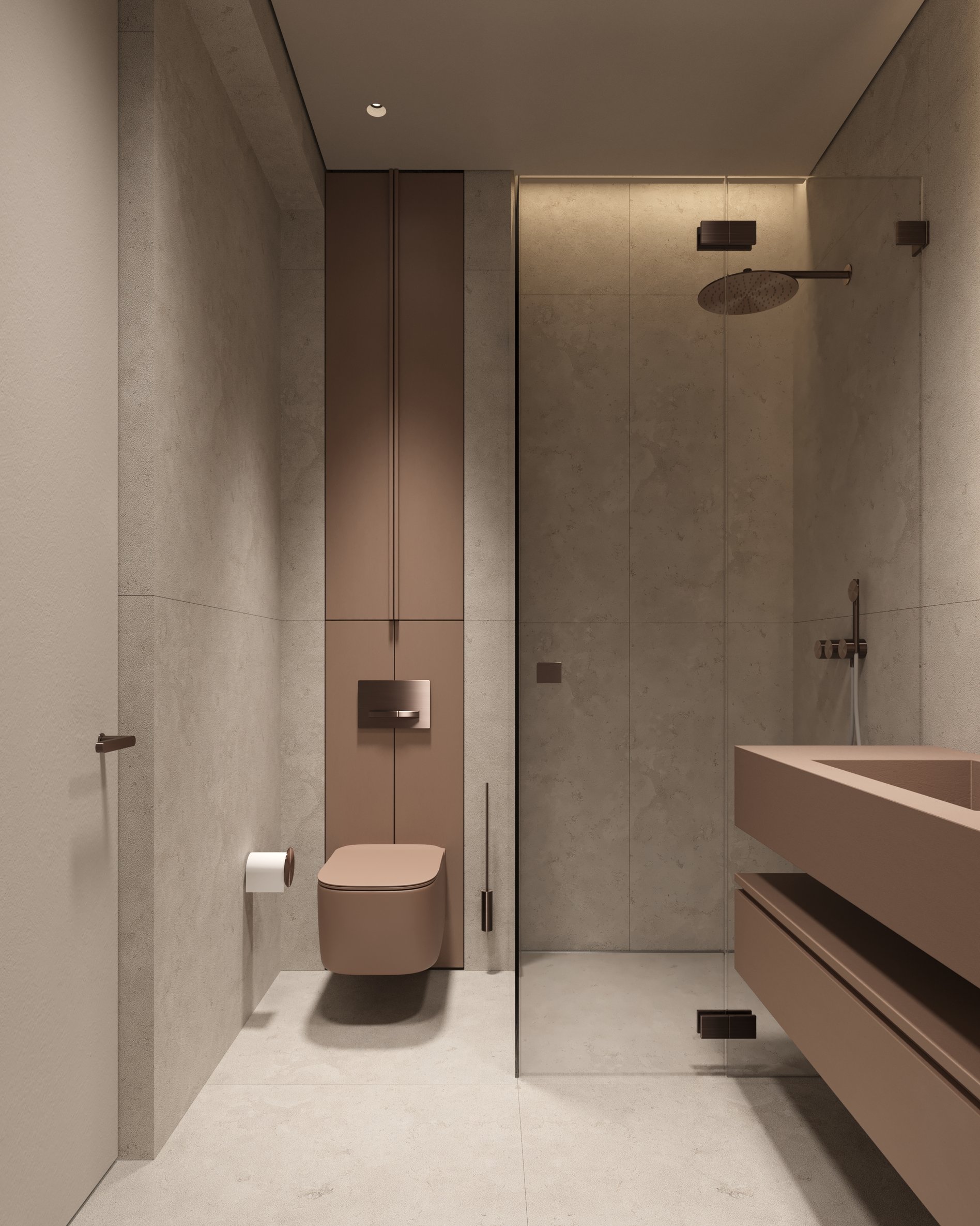 Modern bathroom with taupe wall-mounted toilet, glass shower enclosure, and seamless stone surfaces.