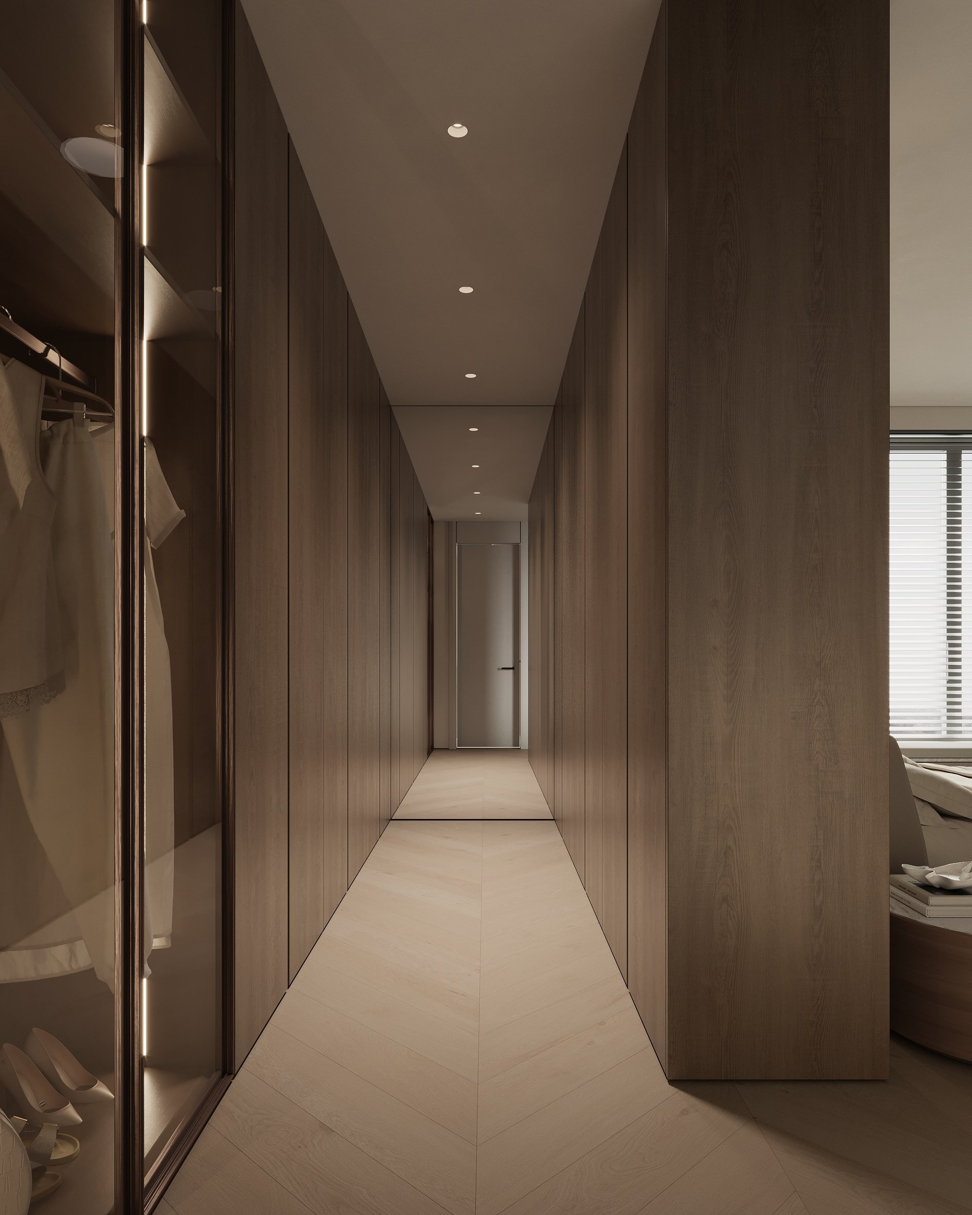 Minimalist wardrobe corridor with floor-to-ceiling wood paneling, integrated lighting, and concealed storage.