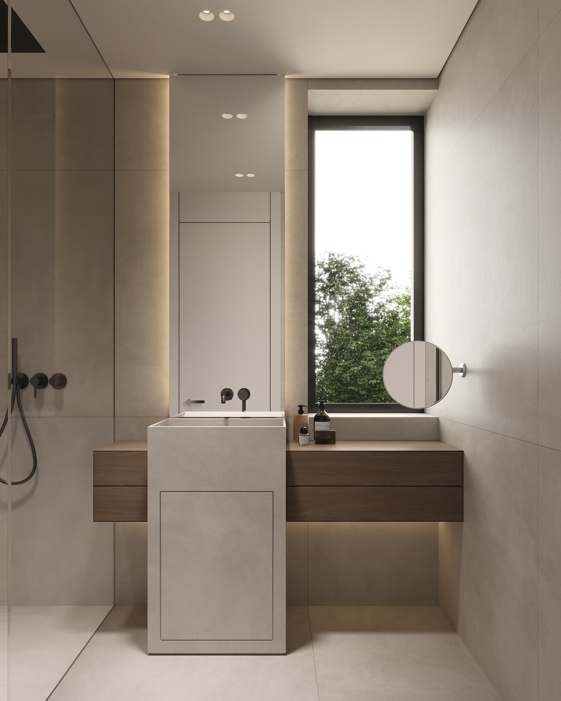 Modern bathroom with pedestal sink, wood vanity, large window, and ambient lighting.
