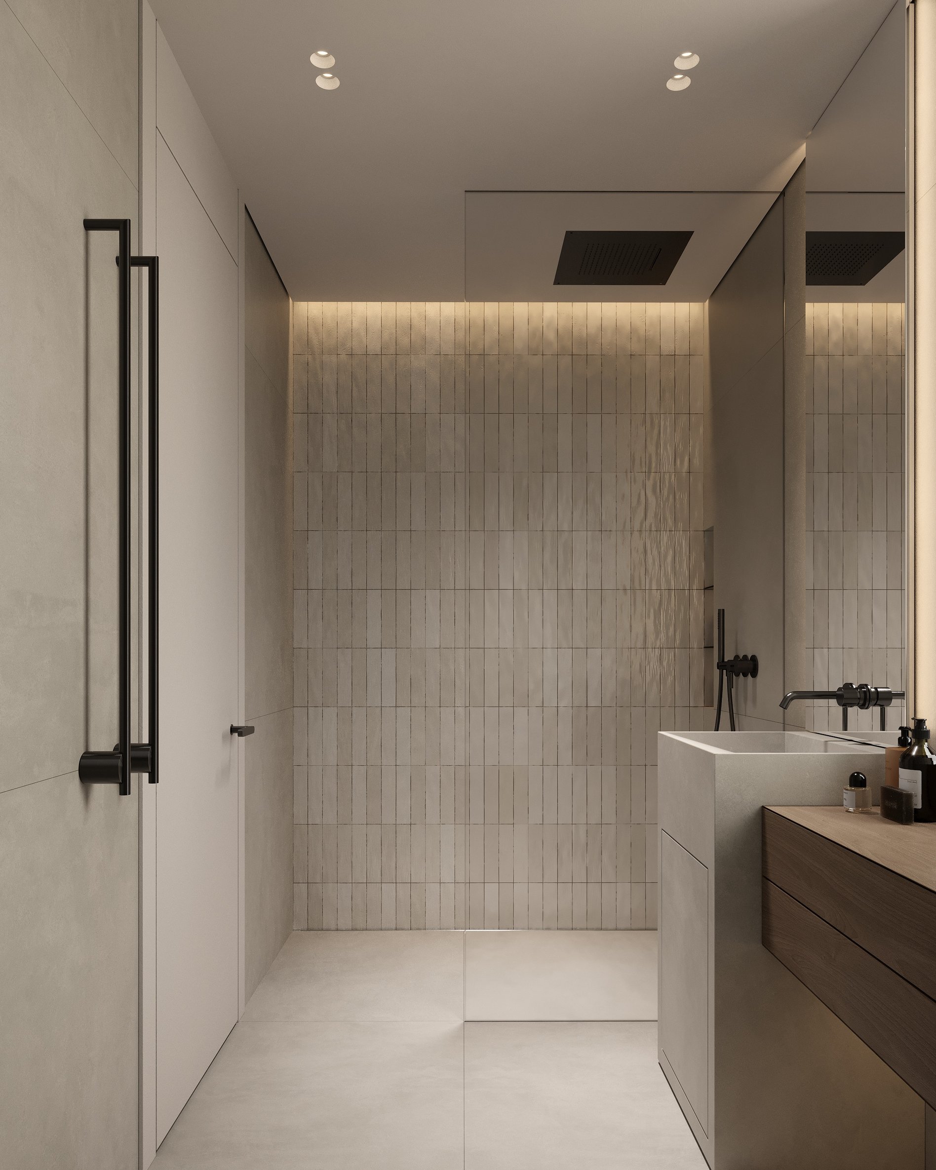 Contemporary bathroom with textured vertical tiles, minimalist fixtures, and ambient cove lighting.