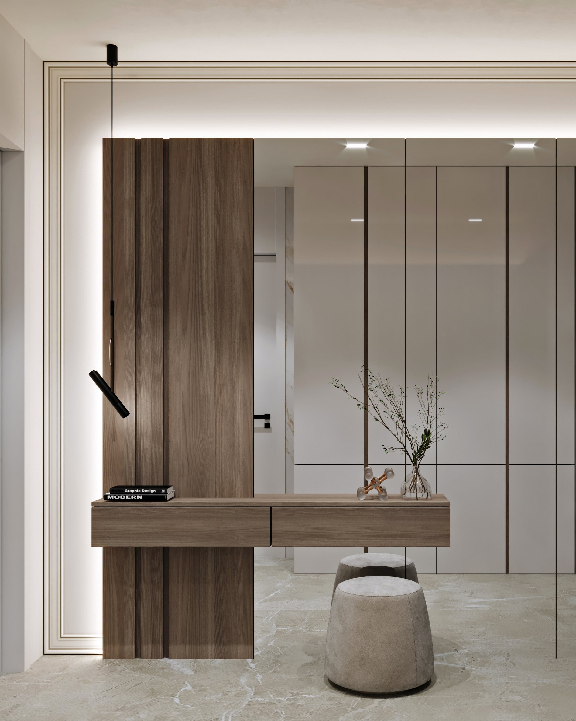Modern entryway featuring wooden wall panels with LED lighting, floating console, and grey ottoman seating with marble flooring.
