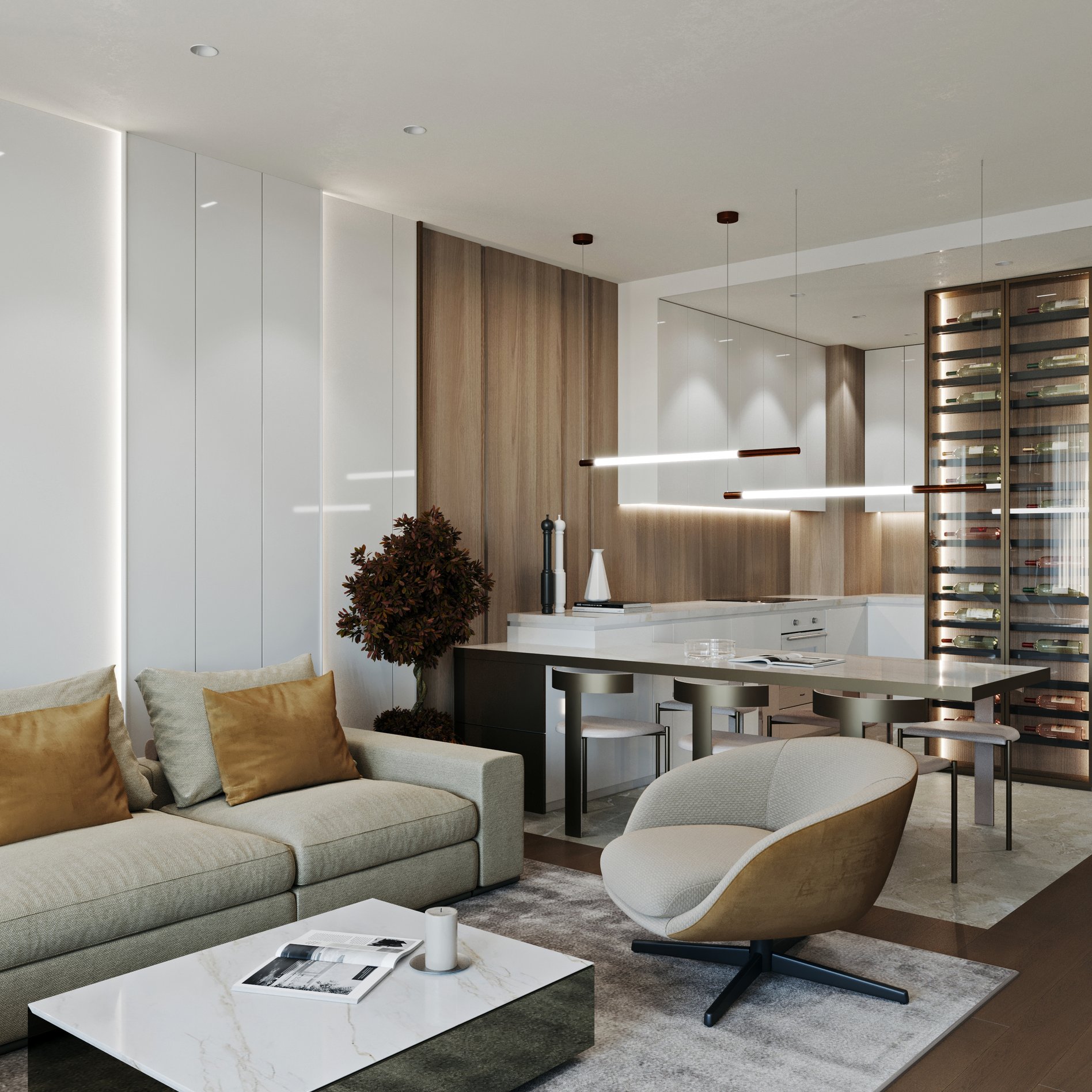 Contemporary living room with comfortable sectional sofa, designer lounge chair, and glass-enclosed wine display wall.