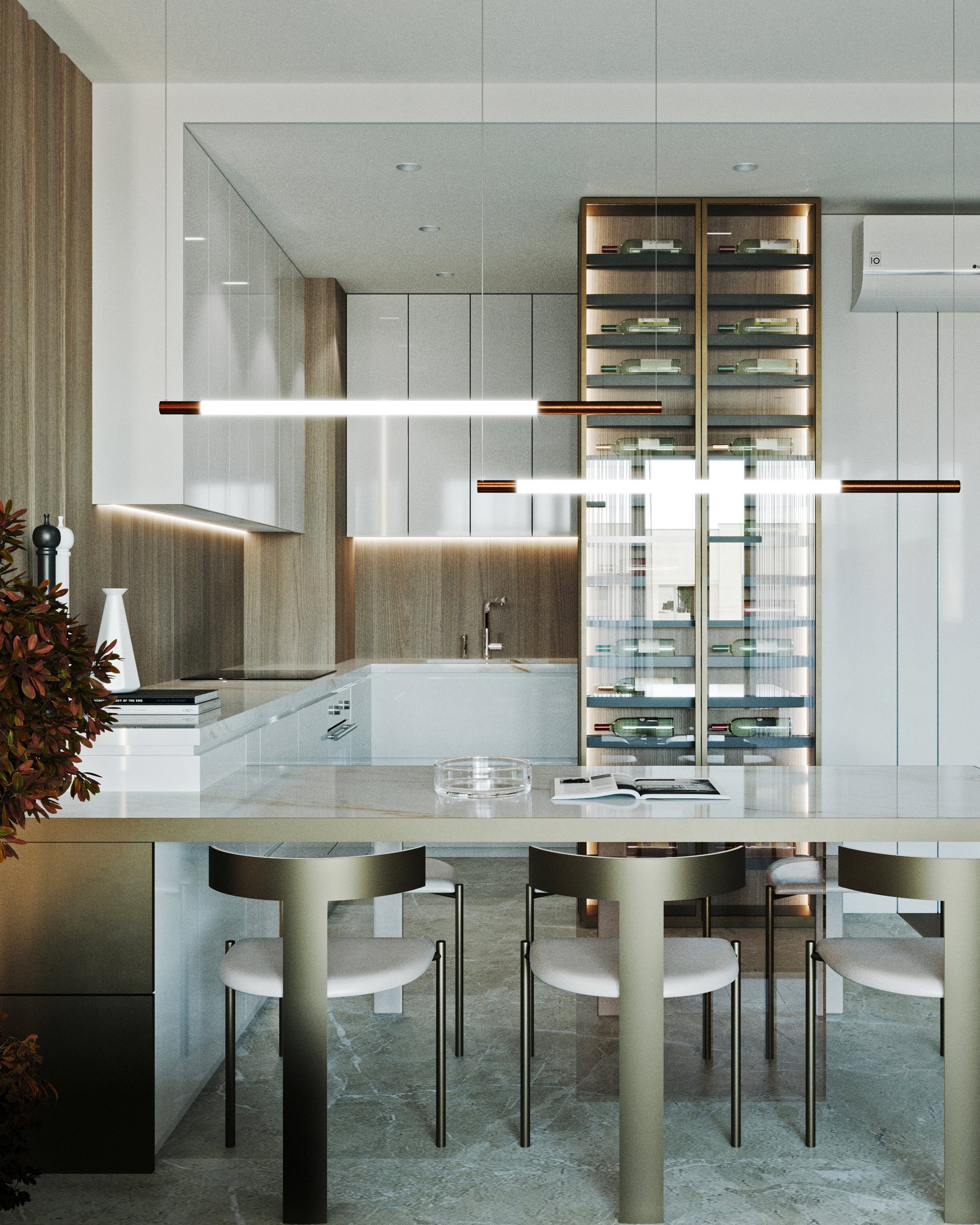 Contemporary kitchen with linear LED lighting, white marble countertops, and designer dining chairs with built-in wine storage.