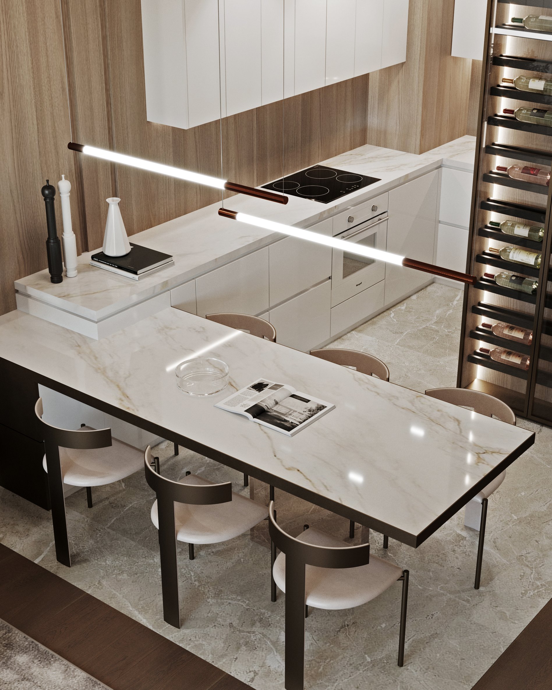 Modern dining area featuring marble-topped table, designer chairs, and custom lighting with integrated wine storage display.
