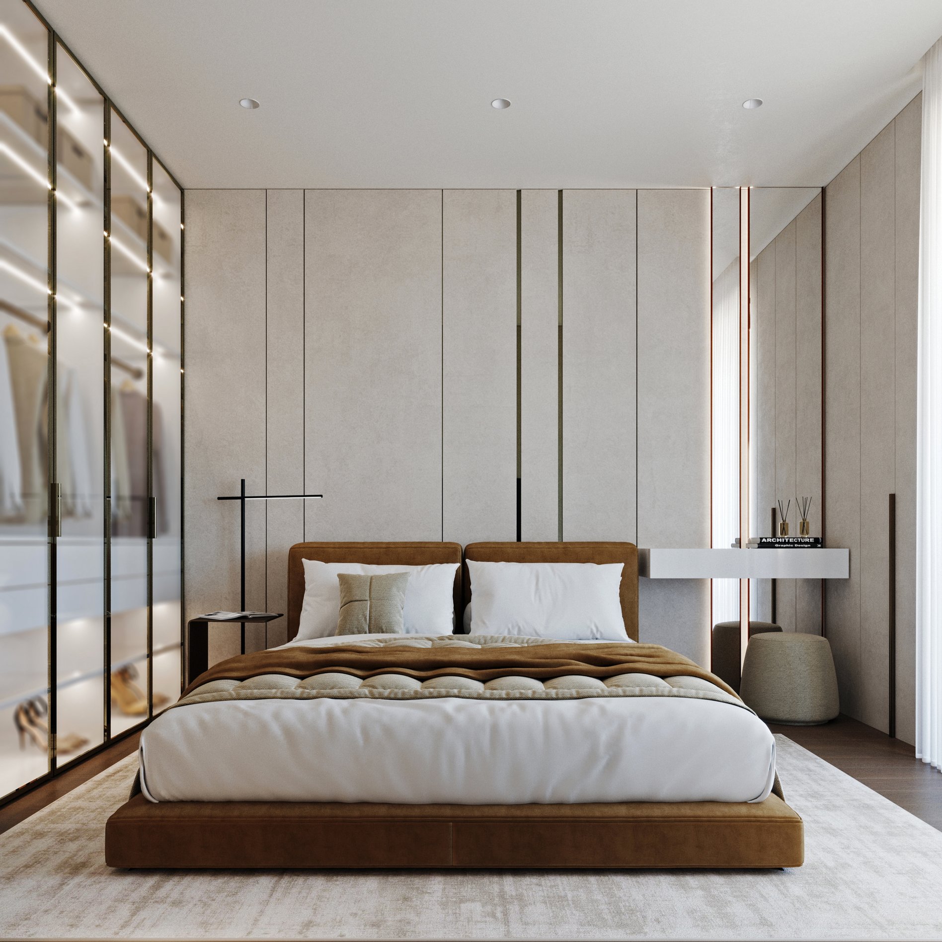 Contemporary master bedroom with brown upholstered bed, integrated LED lighting, and glass-fronted wardrobe.