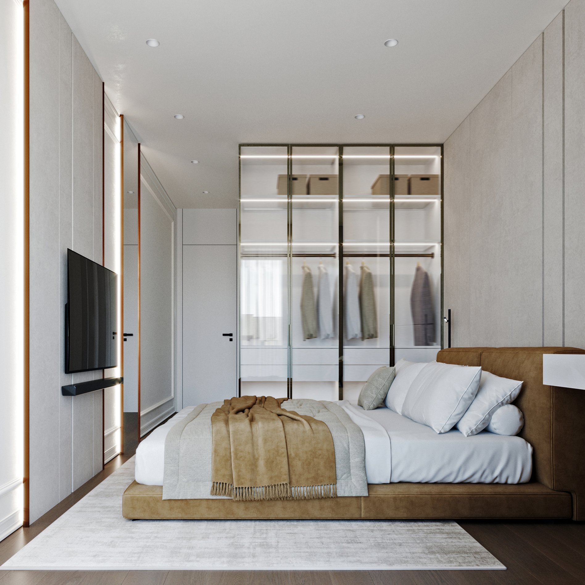 Detailed view of master bedroom featuring illuminated glass wardrobe, brown leather bed, and minimalist black lighting fixture.